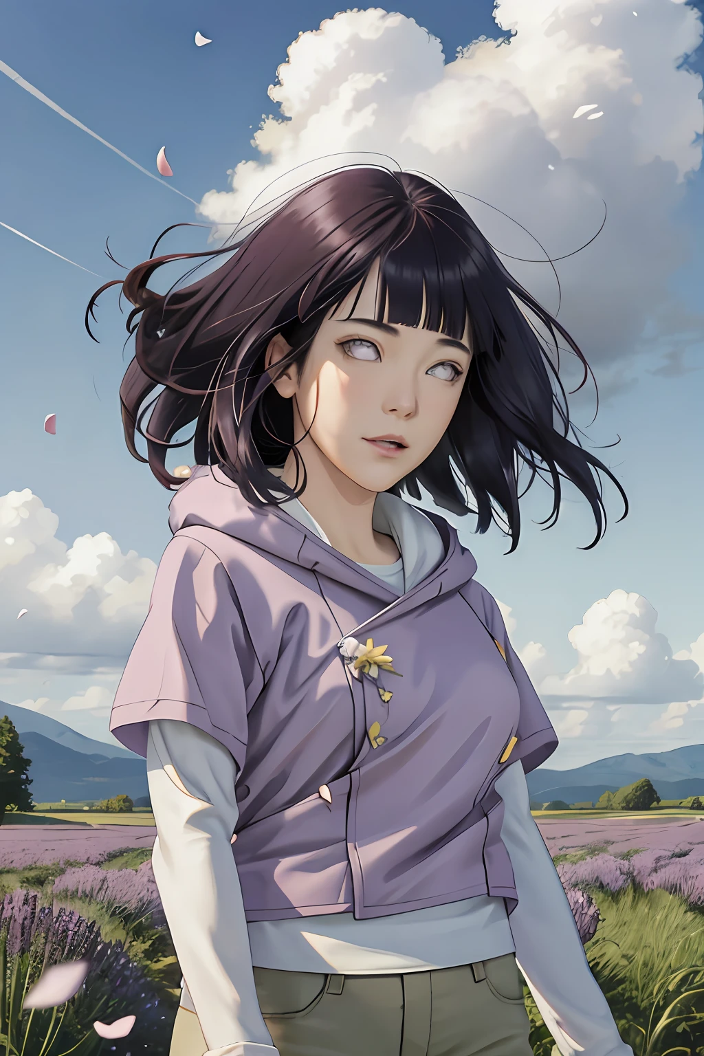 masterpiece, absurdres, hinata\(boruto\), 1girl, solo,mature female, purple hoodie,layered sleeves, brown pants, outdoors,lavender flower field, wind, floating hair, looking at viewer, (falling petals), cloudy sky, perfect composition, detailed lips, medium breast, beautiful face, body propotion, blush, soft smile, light smile, red lips,