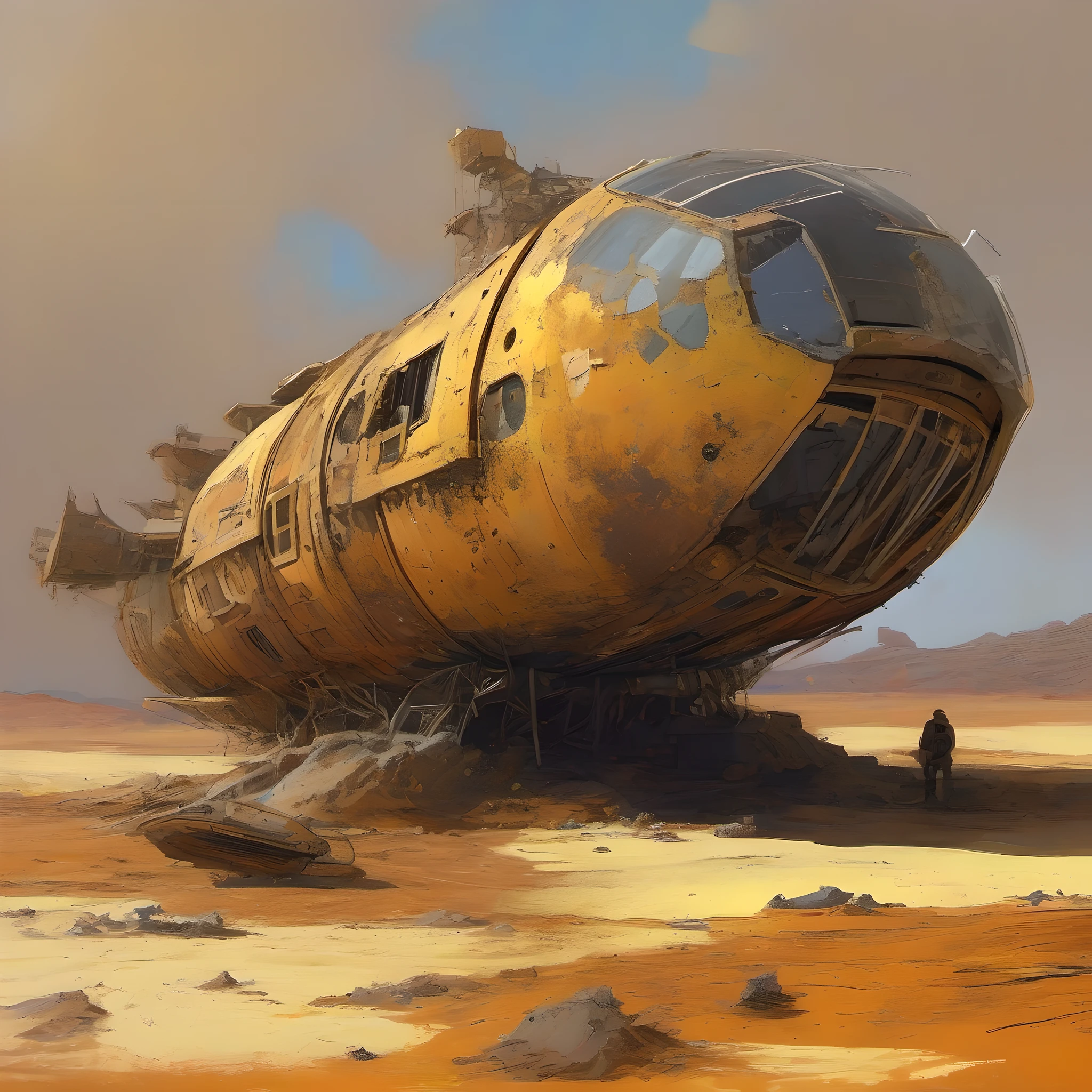 Old abandoned extraterrestrial spacecraft, half buried in the yellowish sand inside a Mars crater, rust, lichen, rust, lichen, style of Ian McQue