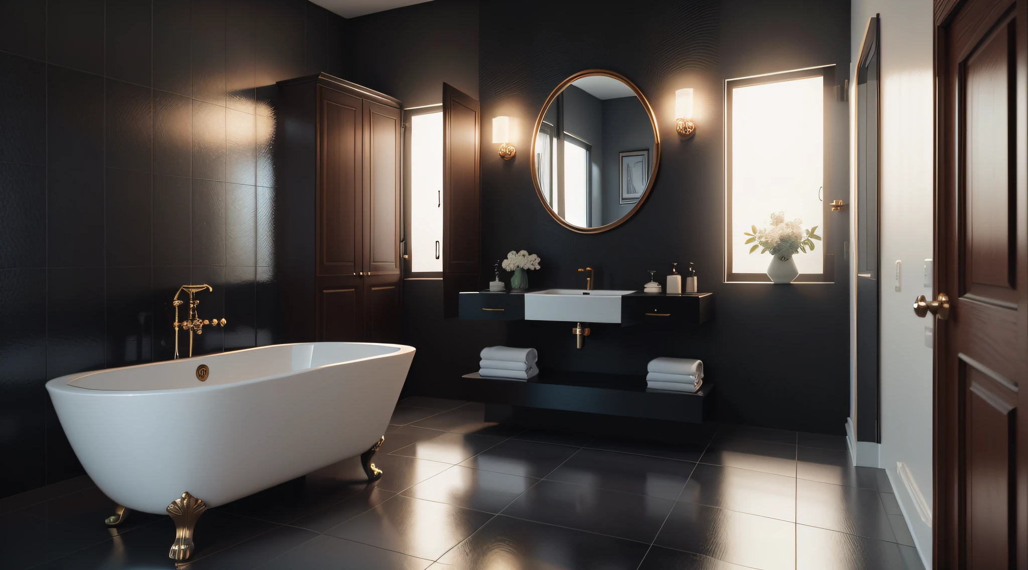 Bathroom modern décor,lavabo de madeira laqueado artesanal,vaso sanitario preto moderno,Aquarian wall with several beautiful fish,toalha,Classic mirror frame,mosaico azulejos,Luz Led,Octane Render 3D,full HD,4K