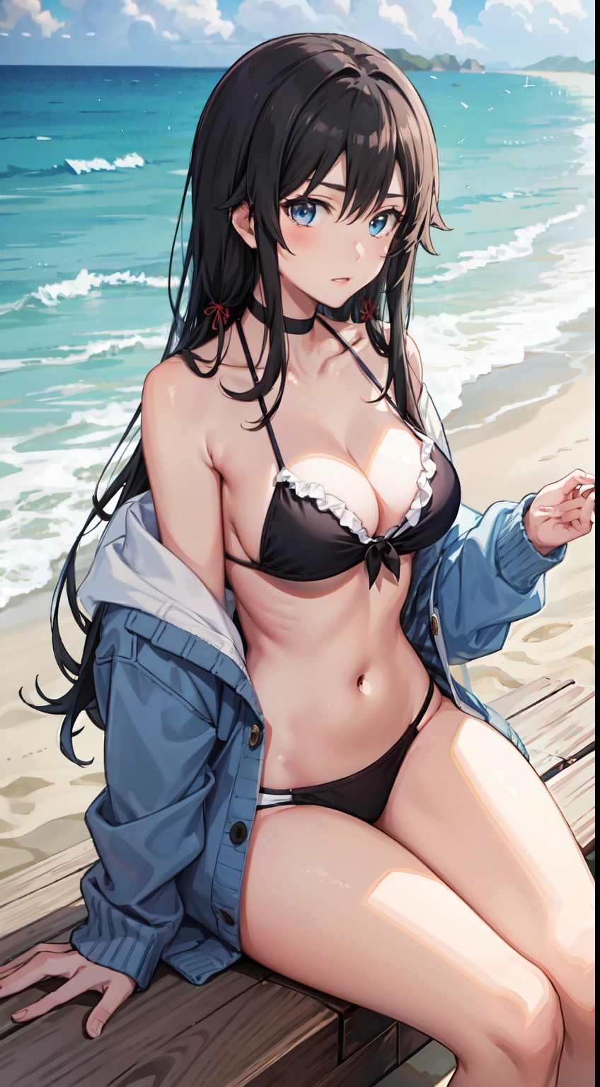 Yukino yukinoshita, long hair, cleavage, navel, slim legs, black hair, blue eyes, white side tie bikini, beach, cardigan, teen body
