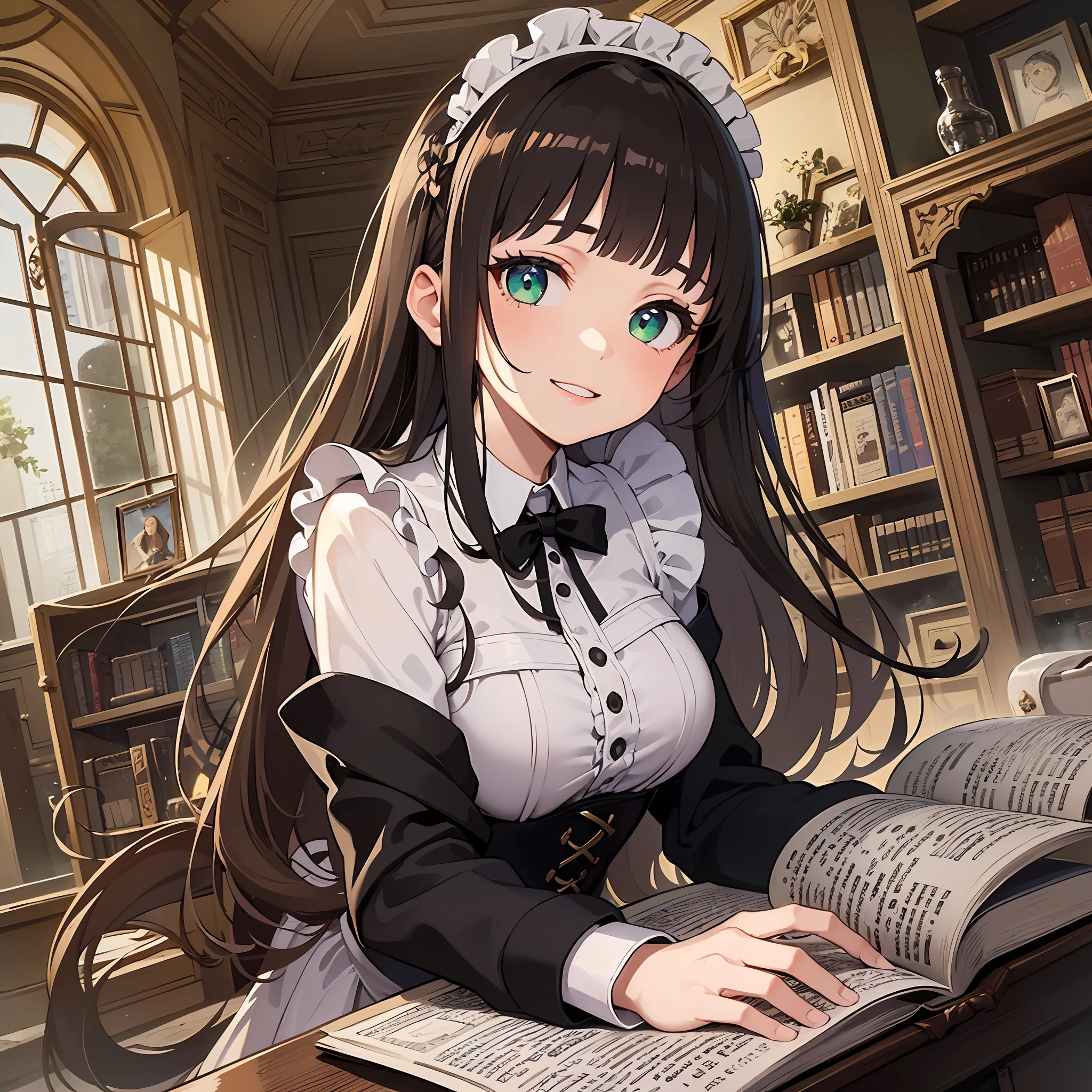 (masterpiece:1.3), (best quality:1.3), high resolution,
couboy shot,
leaning forward, body facing forward, reading a book,
(one cute girl:1.3), solo,
white skin, small Breast, eight-headed person,
light brown hair, long hair, straight hair, (blunt bangs:1.2), beautiful hair, green eyes, drooping eyes, beautiful detailed eyes,
cheerful smile,
maid,
indoors, inside the castle, luxury rooms, library,
shadowlighting,