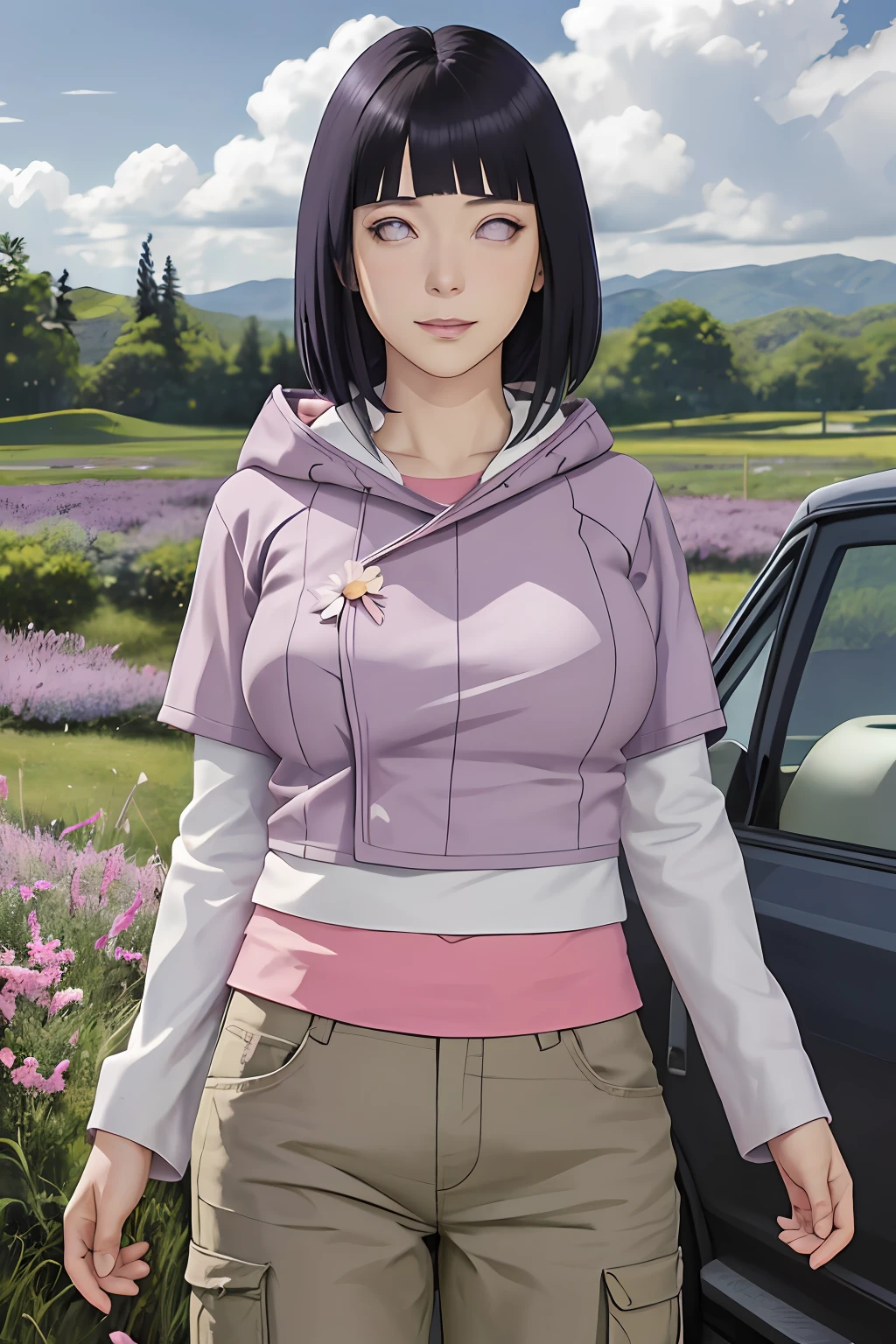 masterpiece, absurdres, hinata\(boruto\), 1girl, solo,mature female, purple hoodie,layered sleeves, brown pants,  outdoors,lavender flower field, looking at viewer, (falling petals), cloudy sky, perfect composition, detailed lips, big breast, beautiful face, body propotion, blush, (pink lips), long hair,  purple eyes,  soft gaze, sad smile,  super realistic, detailed, photoshoot, realistic face and body,  realistic hair, realistic eyes, realistic nose, realistic lips