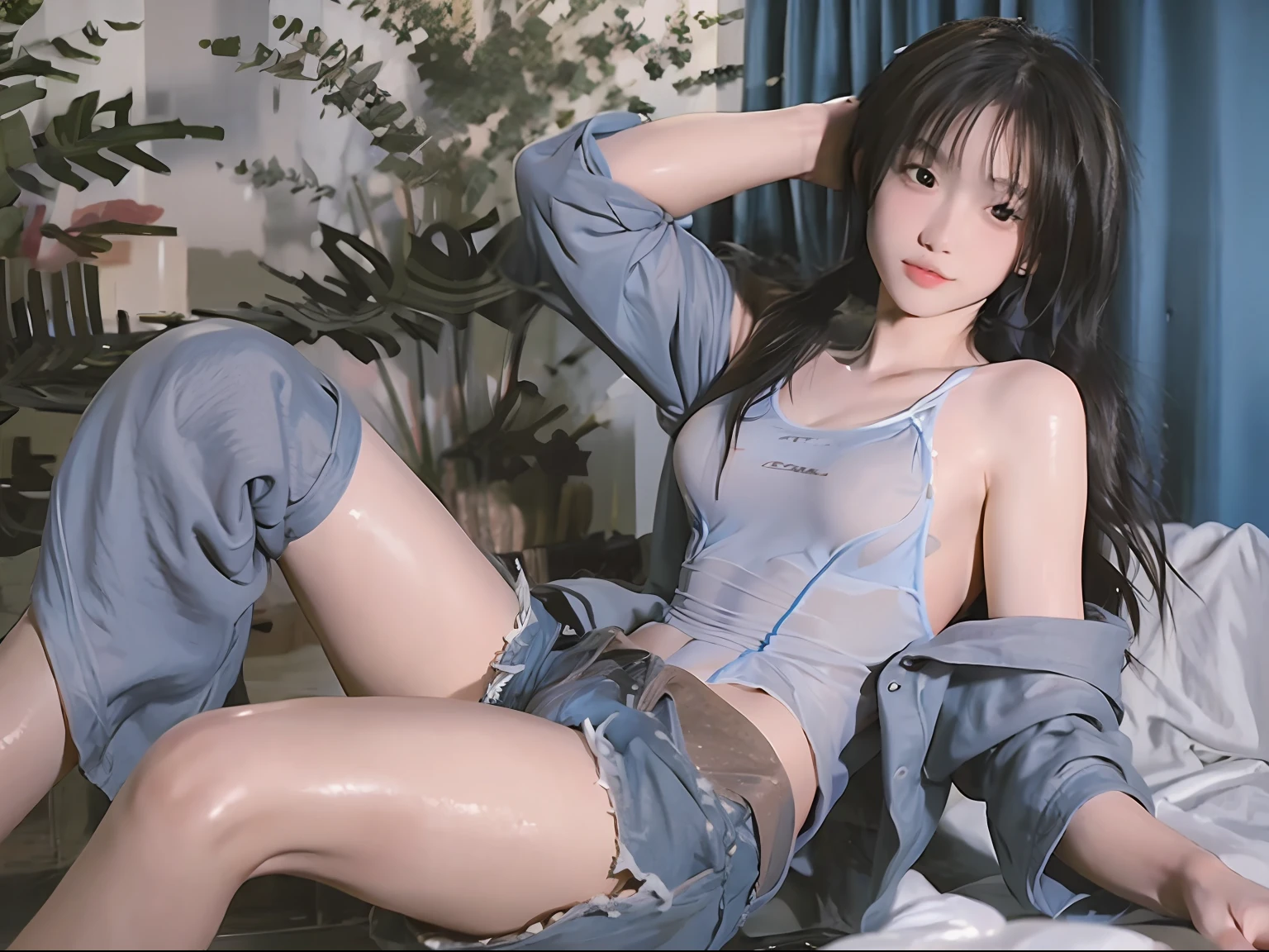 ((large breast, tomboy girls, small head)), (perfect body : 1.1), (long wavy hair : 1.2) , blonde hair, collar, chain, full body shot, wearing black tanktop, jeans jacket, ((denim shorts)), (extremely detailed CG 8k wallpaper), (an extremely delicate and beautiful), (masterpiece), (best quality:1.0), (ultra highres:1.0), jackopose, top-down, on bed