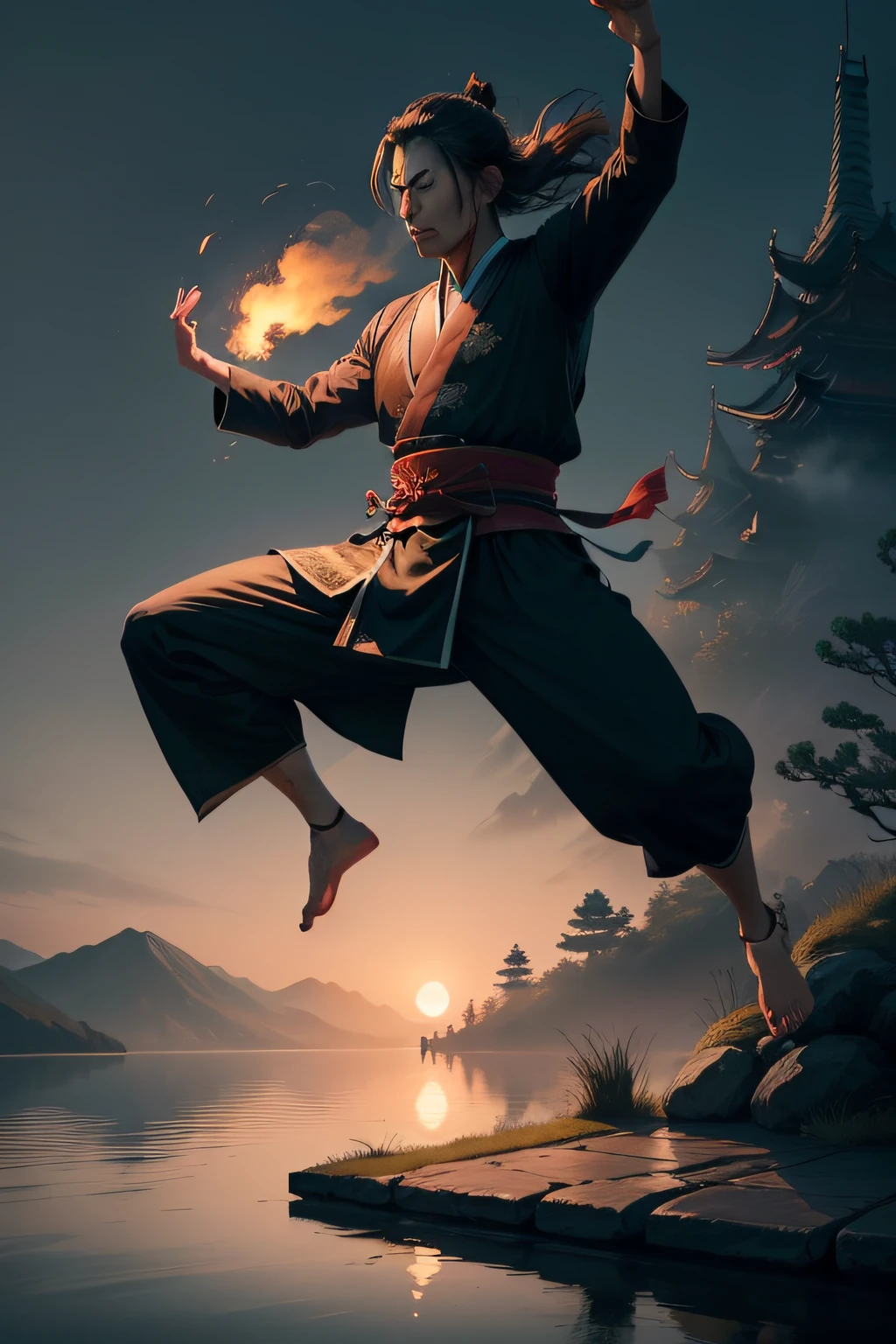 A samurai, a man dressed in a black kung fu master's gown, jumped from a high place toward the lake.. He's falling with open arms, night ligthning, picture of behind
