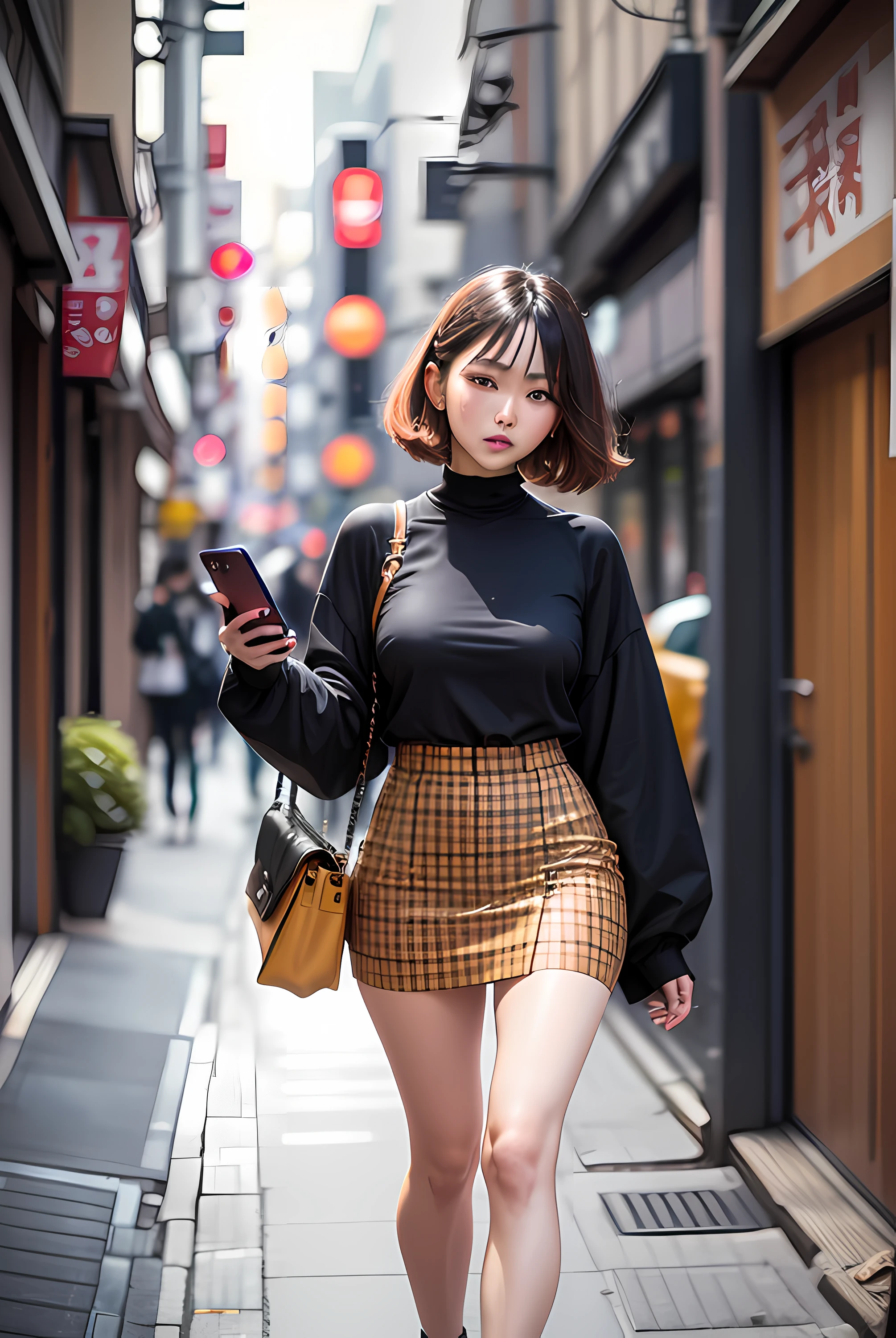 Alafe woman walking on street talking on mobile phone, Street fashion, a miniskirt, Street style, Street fashion outfits, japanese street fashion, tokyo fashion, wearing skirt, uhd candid photo of dirty, wearing honey - themed miniskirt, cool japanese street fashion, cute-style, Miniskirt