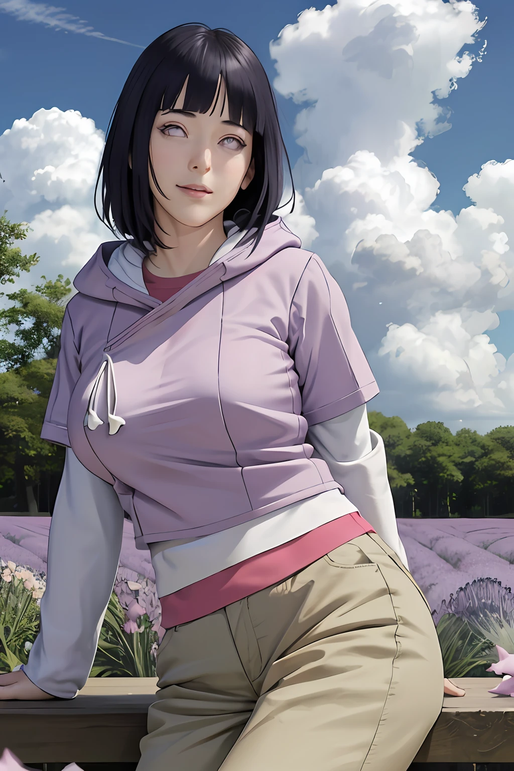 masterpiece, absurdres, hinata\(boruto\), 1girl, solo,mature female, purple hoodie,layered sleeves, brown pants,  outdoors,lavender flower field, looking at viewer, (falling petals), cloudy sky, perfect composition, detailed lips, big breast, beautiful face, body propotion, blush, (pink lips), long hair,  purple eyes,  soft gaze, sad smile,  super realistic, detailed, photoshoot, realistic face and body,  realistic hair, realistic eyes, realistic nose, realistic lips