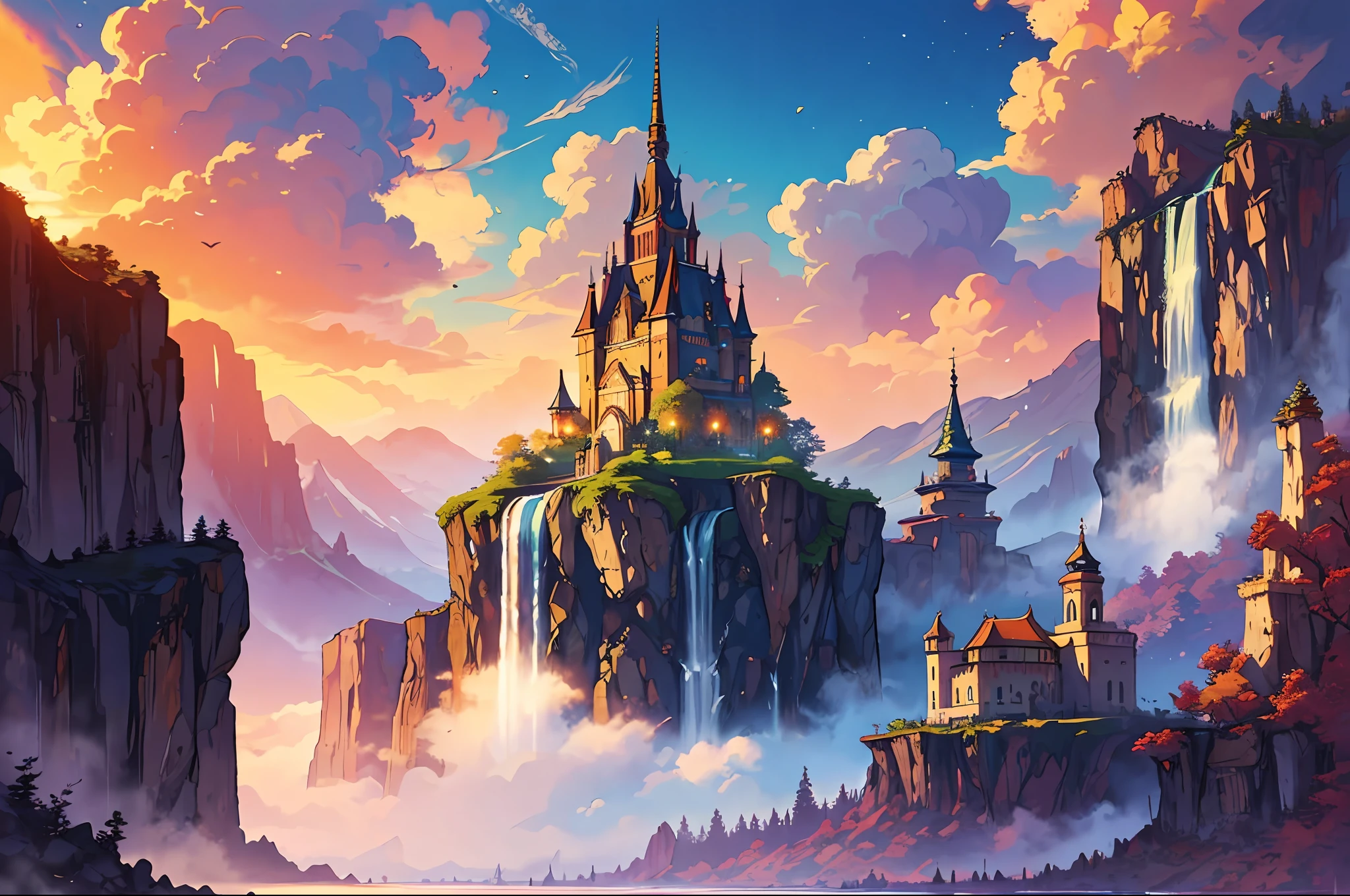 Craft a vivid description of a majestic kingdom nestled among the clouds in a breathtaking fantasy landscape. Envision cascading waterfalls of iridescent mist, opulent floating palaces adorned with intricate spires, and ethereal gardens where vibrant, otherworldly flora flourishes in the soft glow of an eternal sunset
