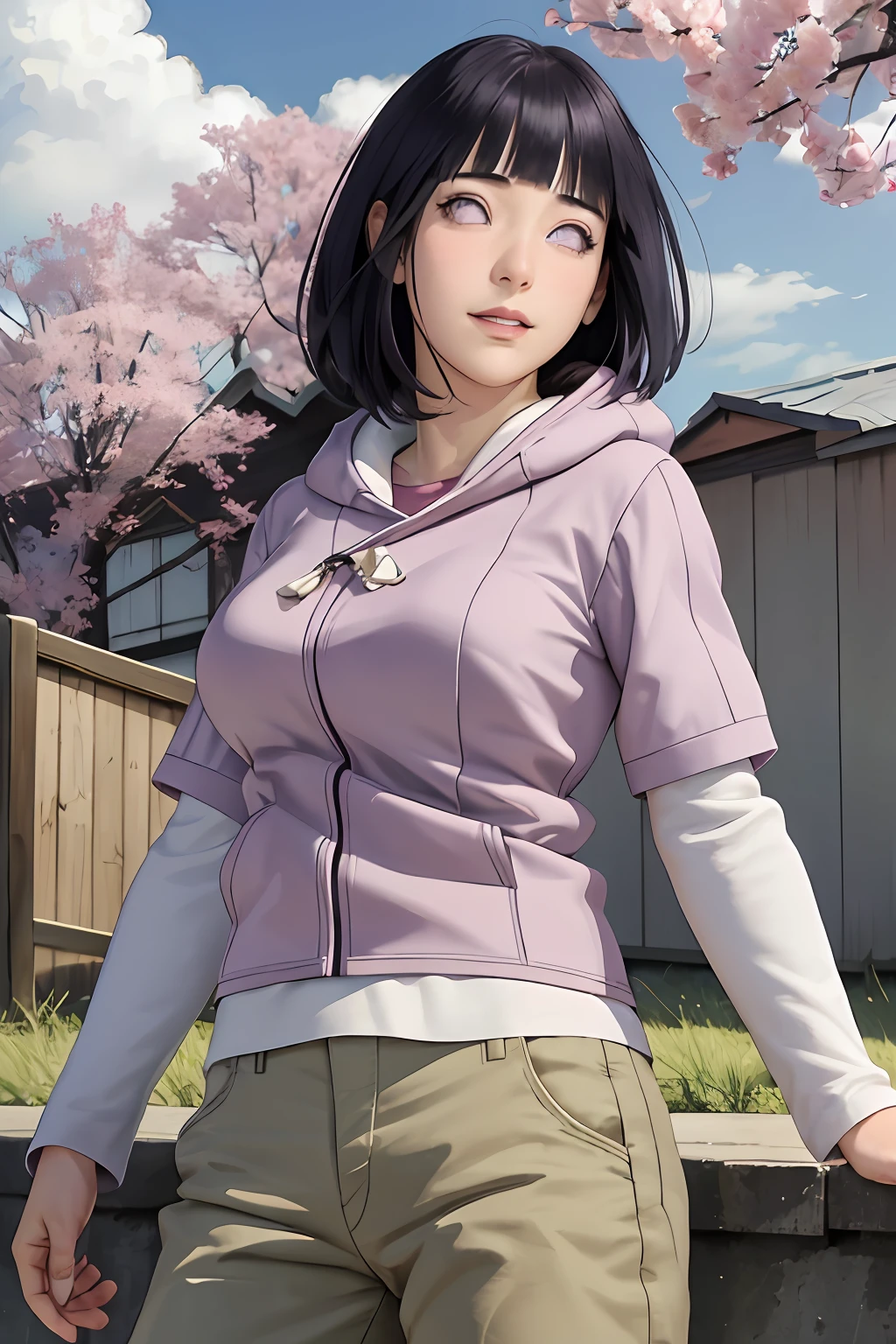 masterpiece, absurdres, hinata\(boruto\), 1girl, solo,mature female, purple hoodie,layered sleeves, brown pants,  outdoors,lavender flower field, looking at viewer, (falling petals), cloudy sky, perfect composition, detailed lips, big breast, beautiful face, body propotion, blush, (pink lips), long hair,  purple eyes,  soft gaze, sad smile,  super realistic, detailed, photoshoot, realistic face and body,  realistic hair, realistic eyes, realistic nose, realistic lips