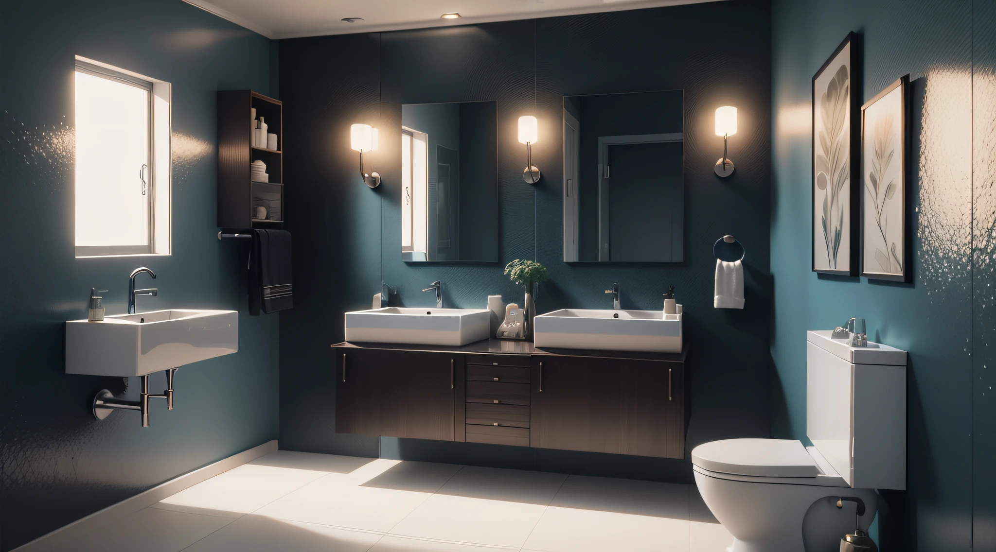Bathroom modern décor,lavabo de madeira laqueado artesanal,vaso sanitario preto moderno,Aquarian wall with several beautiful fish,toalha,Classic mirror frame,mosaico azulejos,Luz Led,Octane Render 3D,full HD,4K