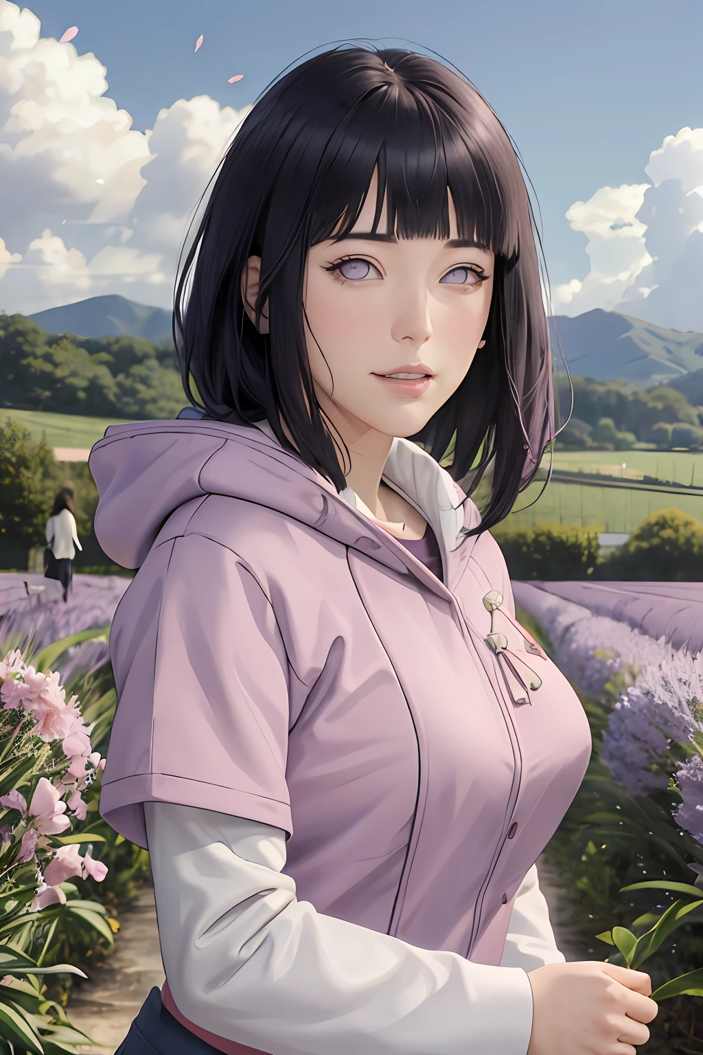 masterpiece, absurdres, hinata\(boruto\), 1girl, solo,mature female, purple hoodie,layered sleeves, brown pants, outdoors,lavender flower field, looking at viewer, (falling petals), cloudy sky, perfect composition, detailed lips, big breast, beautiful face, body propotion, blush, (pink lips), long hair, purple eyes, soft gaze, sad smile, super realistic, detailed, photoshoot, realistic face and body, realistic hair, realistic eyes, realistic nose, realistic lips