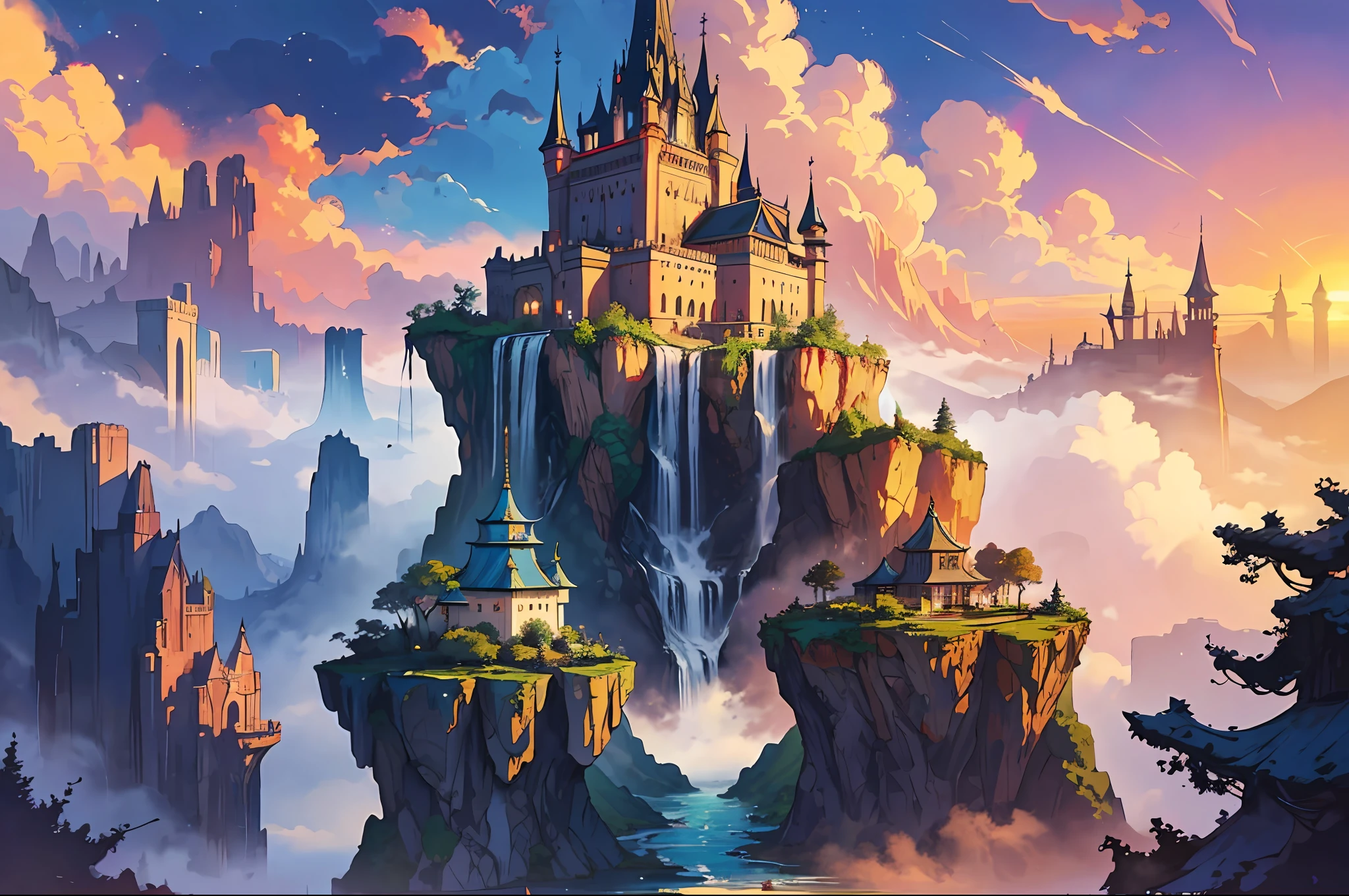 Craft a vivid description of a majestic kingdom nestled among the clouds in a breathtaking fantasy landscape. Envision cascading waterfalls of iridescent mist, opulent floating palaces adorned with intricate spires, and ethereal gardens where vibrant, otherworldly flora flourishes in the soft glow of an eternal sunset