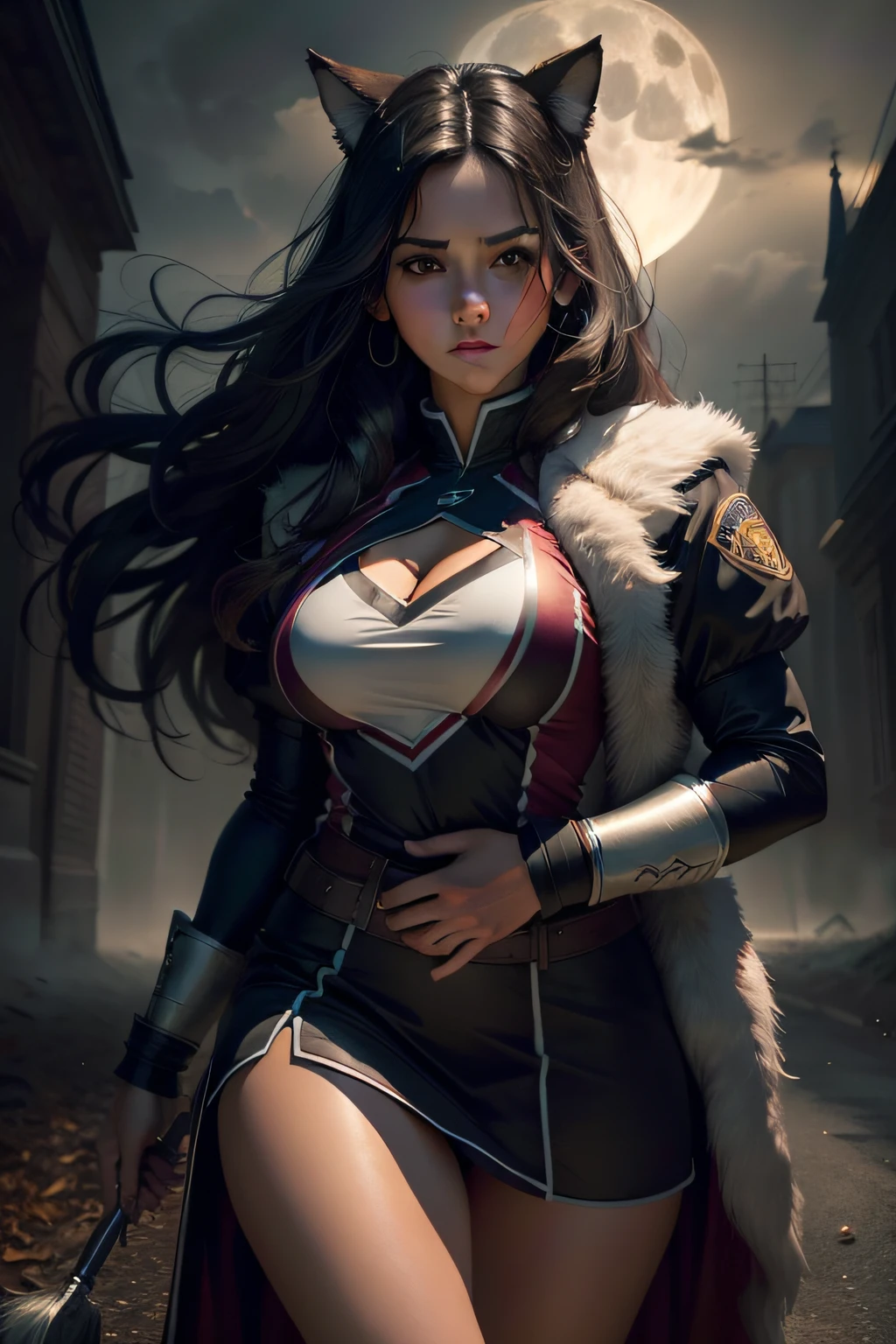 Book cover, a beautiful girl, longe dark hair, brown eyes, dressing a cheerleader outfit, huging a attractive man, in sheriff clothes, fog, fullmoon, a shadow of a wolf in the back, photorealistc, cinematic, ultra detailed, dramatic lighting.