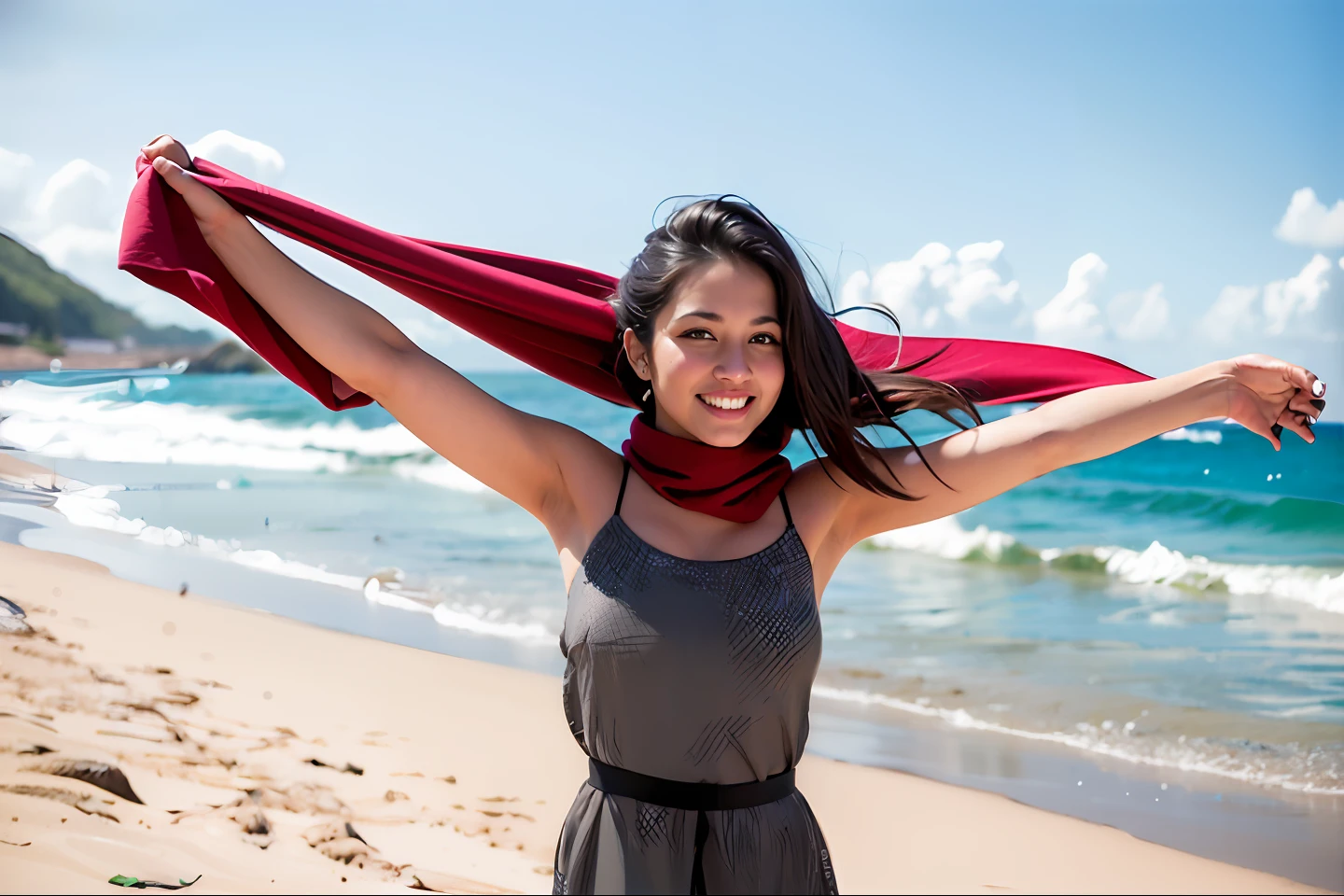 woman with a red scarf on a beach near the ocean, posing on a beach with the ocean, inspired by T. K. Padmini, posing on the beach, candid photography, at a beach, with a cool pose, by Max Dauthendey, * colour splash *, posing!!, profile pic, shot on canon camera, casual photography, in the beach