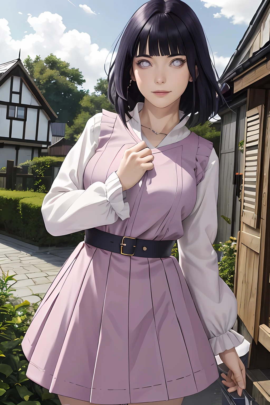 Meisterwerk, absurdres, Hinata\(Boruto\), 1girls, nur,reifes Weibchen, lila Kapuzenpullover,layered sleeves, braune Hose, al fresco,Lavendelblütenfeld, Blick auf den Betrachter, (falling petals), overcast sky, Perfekte Komposition, Detaillierte Lippen, large chest, Beautiful face, Body Propotion, flush, (rosa Lippen), Lange Haare, lila Augen, Sanfter Blick, sad smile, Super realistisch, Detailliert, Fotoshooting, Realistic face and body, Realistisches Haar, Realistische Augen, realistische Nase, Realistische Lippen