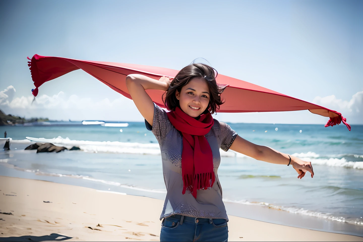 woman with a red scarf on a beach near the ocean, posing on a beach with the ocean, inspired by T. K. Padmini, posing on the beach, candid photography, at a beach, with a cool pose, by Max Dauthendey, * colour splash *, posing!!, profile pic, shot on canon camera, casual photography, in the beach