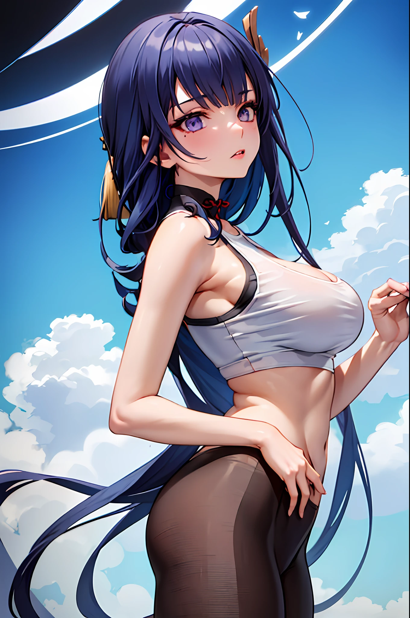 Highly detailed, High Quality, Masterpiece, beautiful, WrittenOnClothes, 1girl, solo, Raiden_Shogun_\(genshin impact\), Raiden_Shogun:1.2, blue hair, long hair, white tank top, tank top, skin tight,, mature female, tall female, adult, gorgeous body, half body shot, pretty angle,
