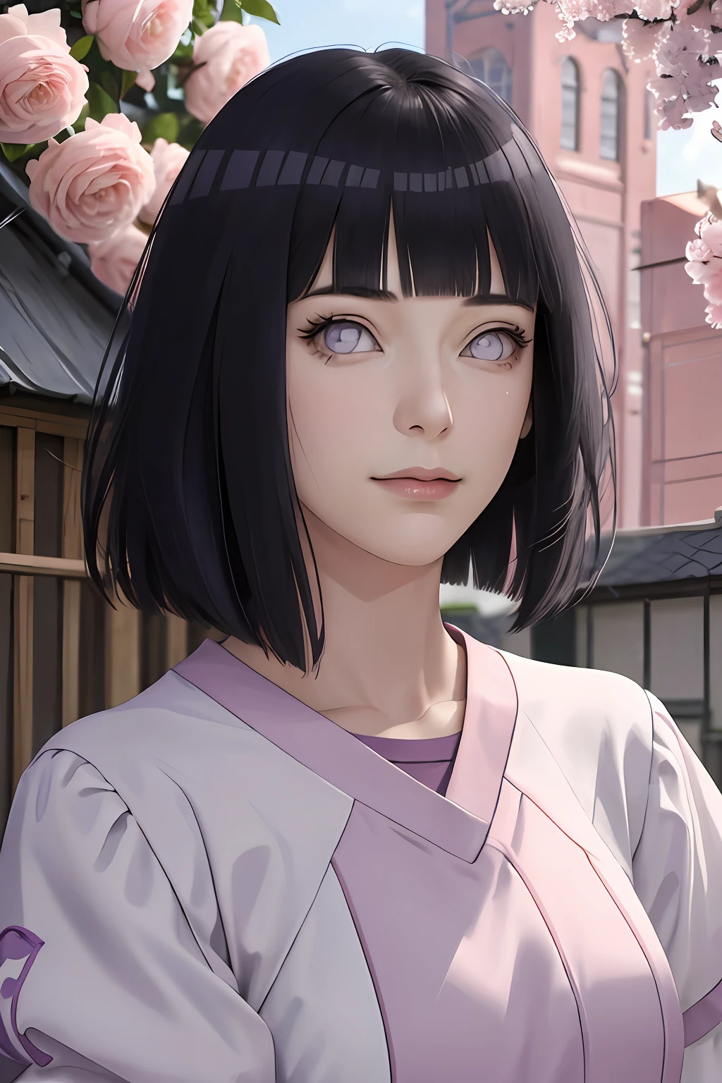 Meisterwerk, absurdres, Hinata\(Boruto\), 1girls, nur,reifes Weibchen, lila Kapuzenpullover,layered sleeves, braune Hose, al fresco,Lavendelblütenfeld, Blick auf den Betrachter, (falling petals), overcast sky, Perfekte Komposition, Detaillierte Lippen, large chest, Beautiful face, Body Propotion, flush, (rosa Lippen), Lange Haare, lila Augen, Sanfter Blick, sad smile, Super realistisch, Detailliert, Fotoshooting, Realistic face and body, Realistisches Haar, Realistische Augen, realistische Nase, Realistische Lippen