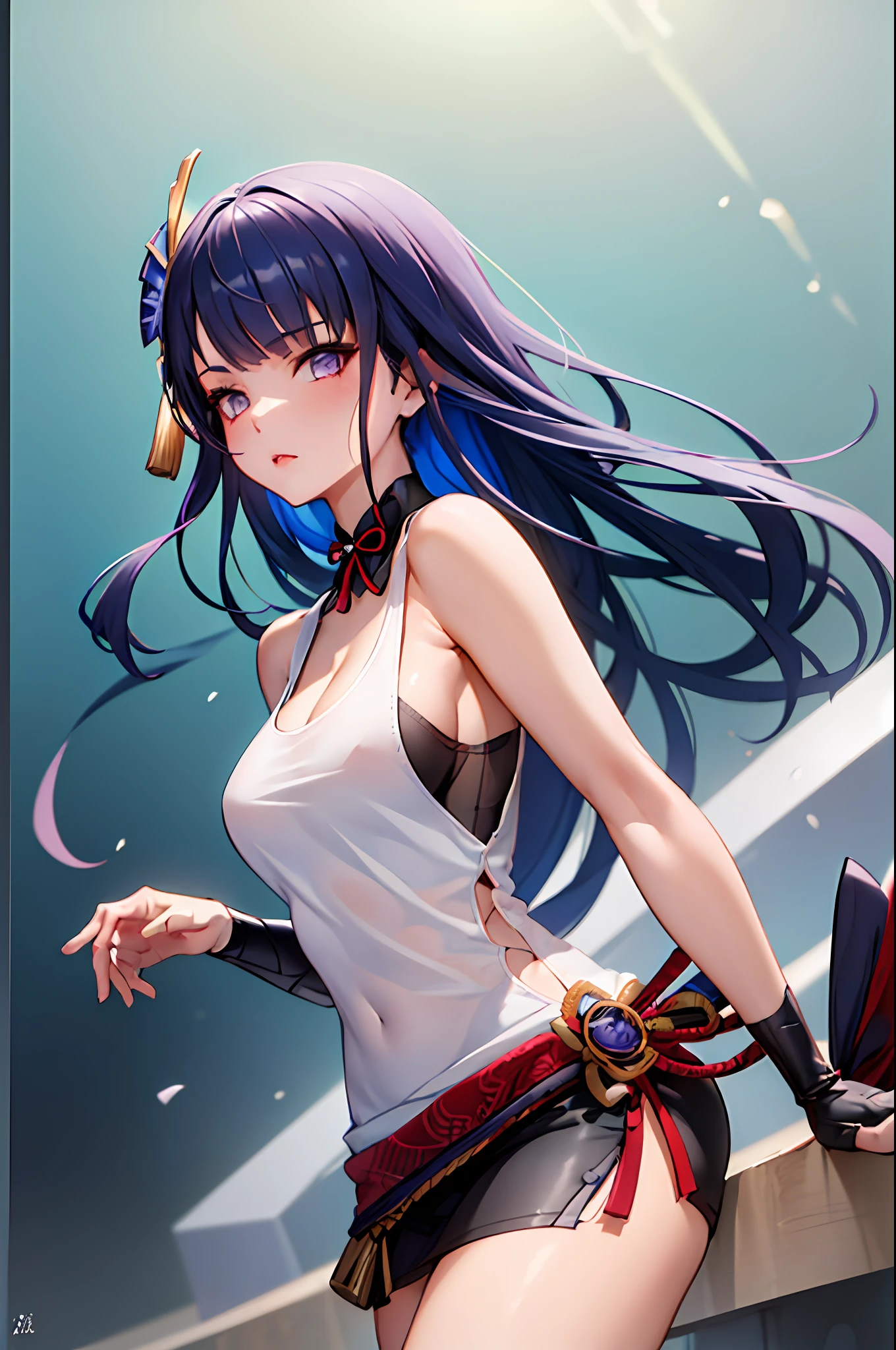 Highly detailed, High Quality, Masterpiece, beautiful, WrittenOnClothes, 1girl, solo, Raiden_Shogun_\(genshin impact\), Raiden_Shogun:1.2, blue hair, long hair, white tank top, tank top, skin tight,, mature female, tall female, adult, gorgeous body, half body shot, pretty angle,