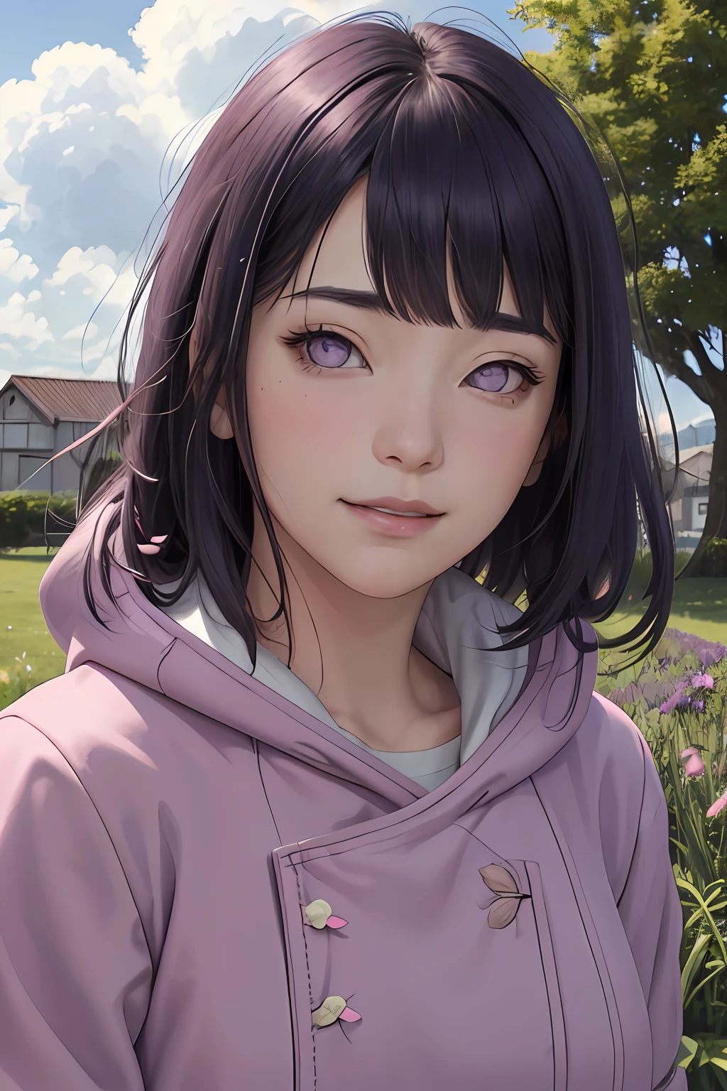 masterpiece, absurdres, hinata\(boruto\), 1girl, solo,mature female, purple hoodie,layered sleeves, brown pants,  outdoors,lavender flower field, looking at viewer, (falling petals), cloudy sky, perfect composition, detailed lips, big breast, beautiful face, body propotion, blush, (pink lips), long hair,  purple eyes,  soft gaze, sad smile,  super realistic, detailed, photoshoot, realistic face and body,  realistic hair, realistic eyes, realistic nose, realistic lips