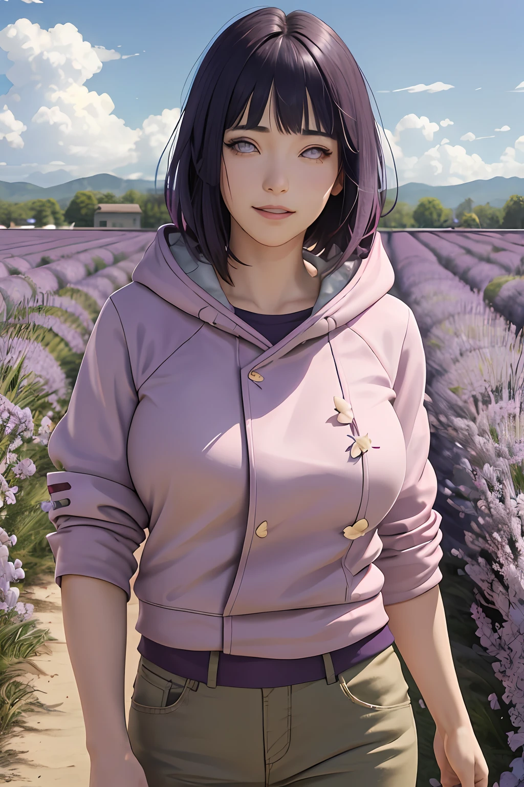 masterpiece, absurdres, hinata\(boruto\), 1girl, solo,mature female, purple hoodie,layered sleeves, brown pants, outdoors,lavender flower field, looking at viewer, (falling petals), cloudy sky, perfect composition, detailed lips, big breast, beautiful face, body propotion, blush, (pink lips), long hair, purple eyes, soft gaze, sad smile, super realistic, detailed, photoshoot, realistic face and body, realistic hair, realistic eyes, realistic nose, realistic lips