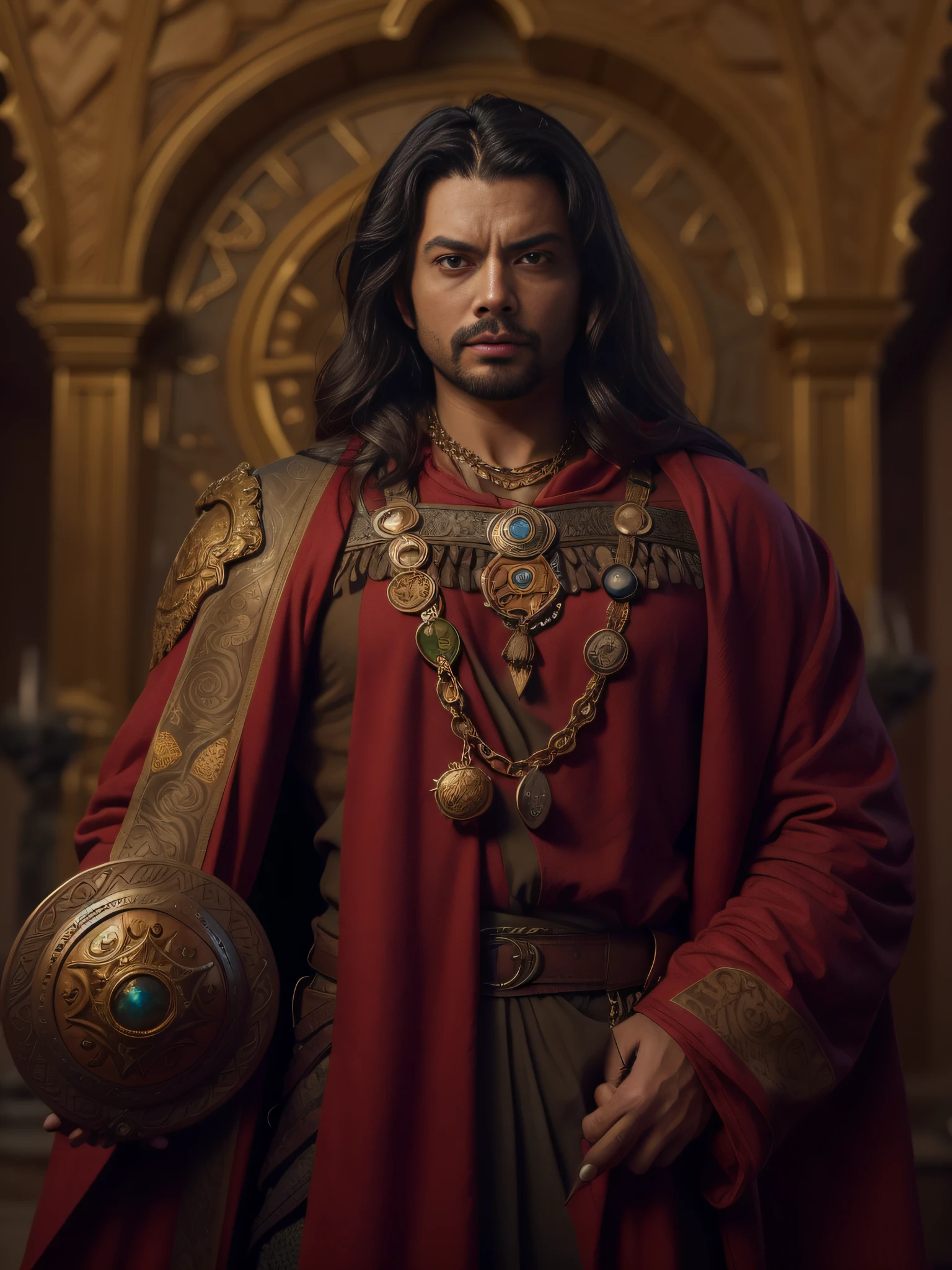 A man in a red robe and a gold necklace with a magic stone, Persian sword in hand, inspired by Rajmund Kanelba, Karl Urban – The Dragon Slayer as a Medieval Fantasy Character, tuomas korpi and wlop, Prince Handsome of Persia, still from a fantasy movie, handsome male, full-shot, 8K portraiture, From Netflix Arcane , highly detailed vfx portrait of, Mughal Khan