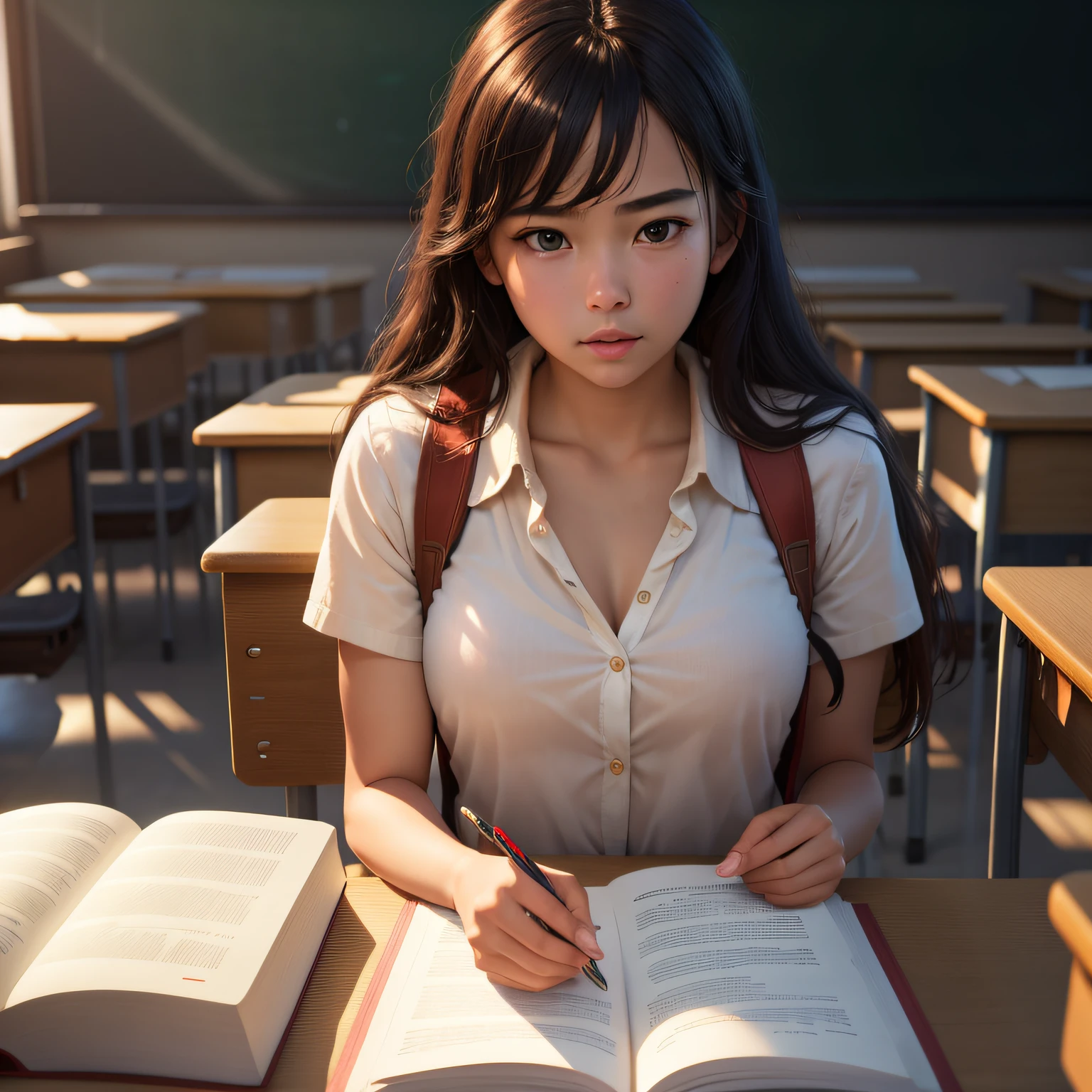 deliberate, masterpiece, best quality, highest quality, cinematic lighting, very beautiful, ultra realistic, 8k, super detail,classroom, multiple white students,teacher,books,homework,grades,upper body