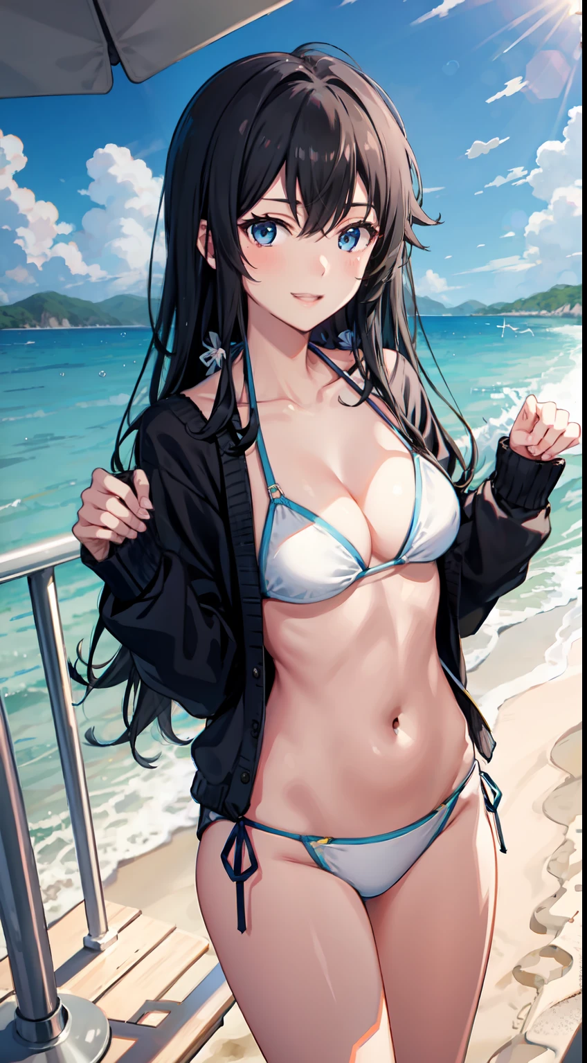 Yukino yukinoshita, long hair, cleavage, navel, slim legs, black hair, blue eyes,  white side tie bikini, beach, cardigan, teen body, happy