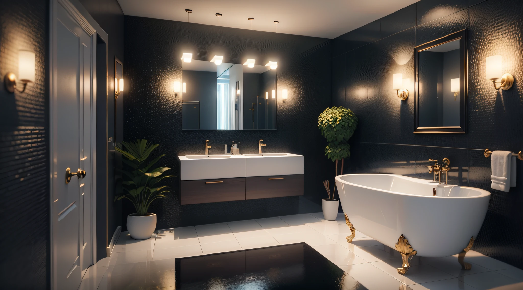 Bathroom modern décor,lavabo de madeira laqueado artesanal,vaso sanitario preto moderno,Aquarian wall with several beautiful fish,toalha,Classic mirror frame,mosaico azulejos,Luz Led,Octane Render 3D,full HD,4K