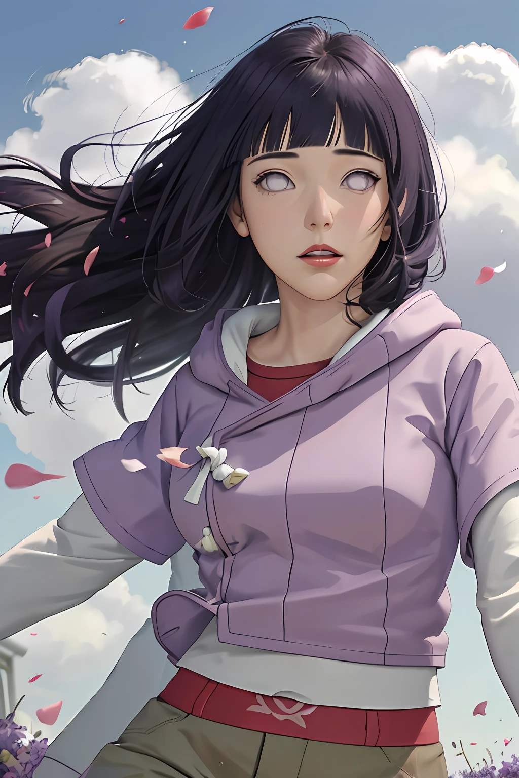 masterpiece, absurdres, hinata\(boruto\), 1girl, solo,mature female, purple hoodie,layered sleeves, brown pants, outdoors,lavender flower field, wind, floating hair, looking at viewer, (falling petals), cloudy sky, perfect composition, detailed lips, medium breast, beautiful face, body propotion, blush, ((red lips)), long hair