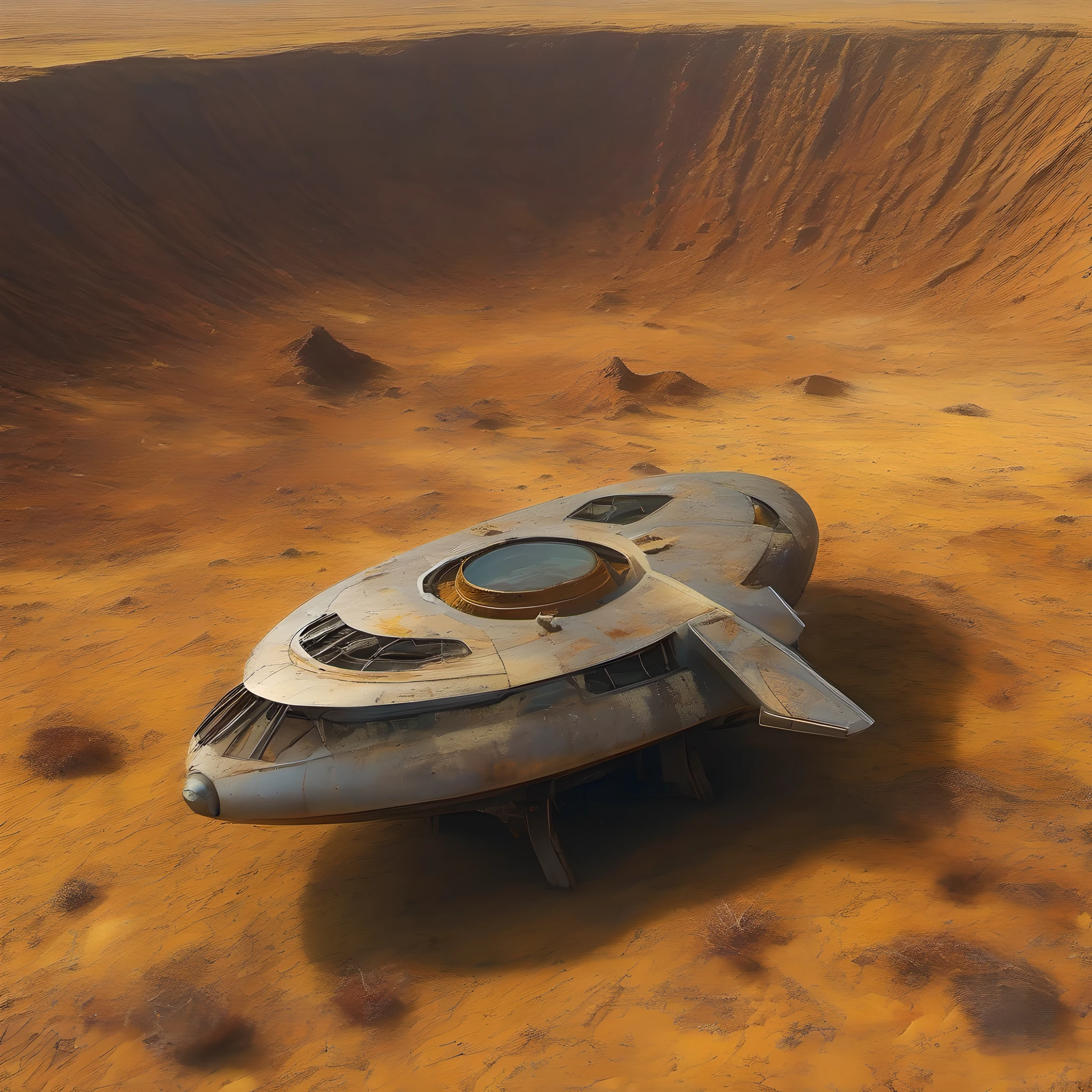 Old abandoned extraterrestrial spacecraft, half buried in the yellowish sand inside a Mars crater, rust, lichen, rust, lichen, style of John Schoenherr