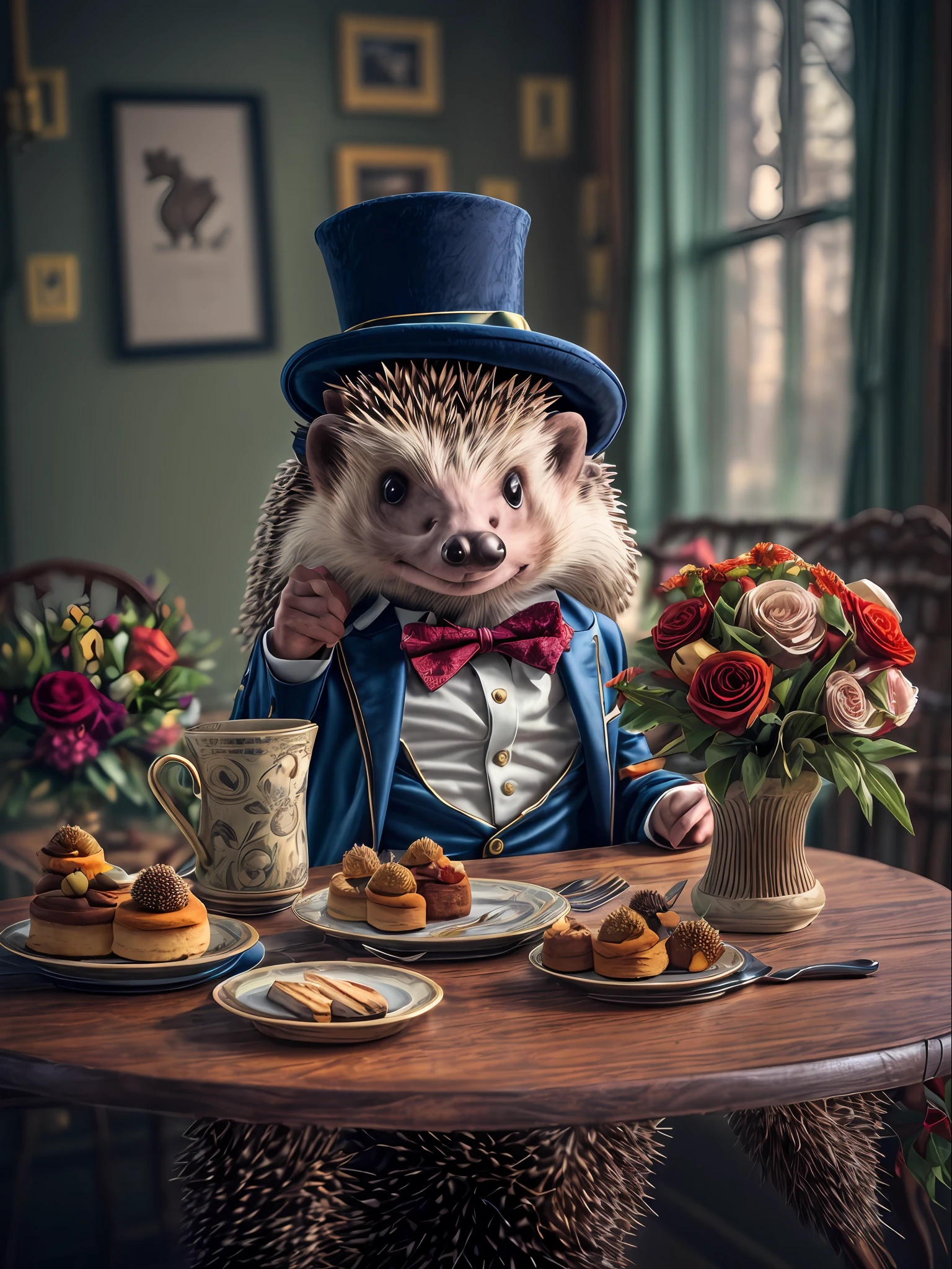 ((Anthropomorphic hedgehog in a gentleman costume sitting at a table)), On the table is a delicious cake and a bouquet of flowers, Lightroom, Cinematic, HDR, Soggy, an intricate, hiquality, Calm tones, Complicated details, low contrast
