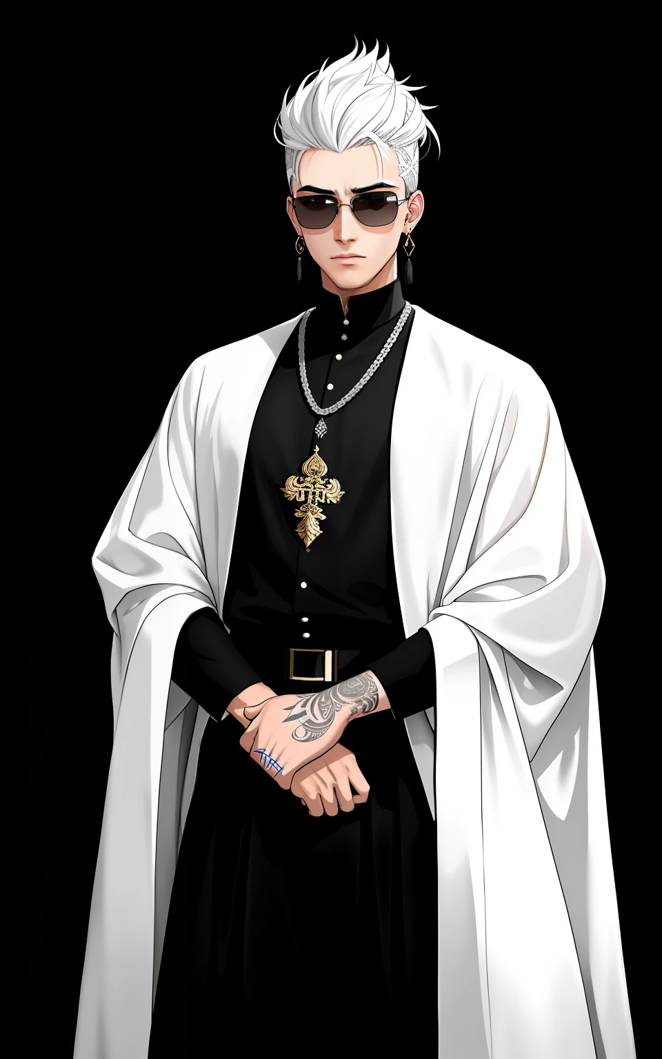 young man, 20 years old, combed white hair, black and white eyebrows, with a tattoo on his arms, wearing Zoroastrian priest's clothes, with a serious face, with black sideburns, wearing sunglasses, with tattoos covering his hands