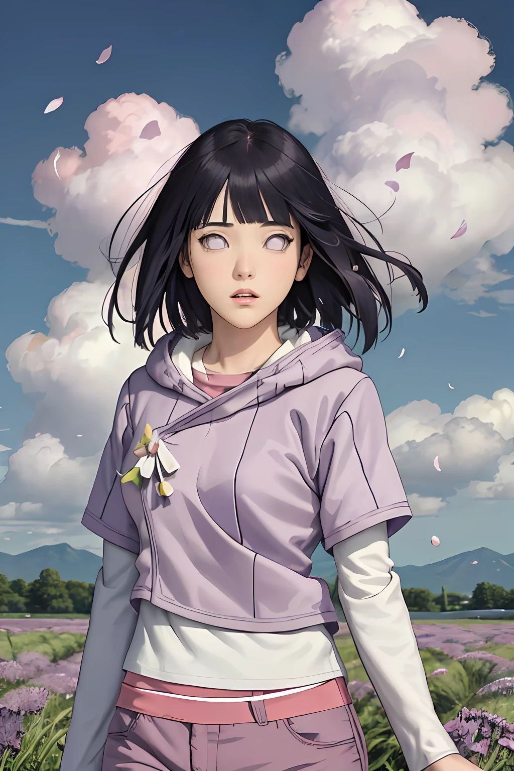 masterpiece, absurdres, hinata\(boruto\), 1girl, solo,mature female, purple hoodie,layered sleeves, brown pants,  outdoors,lavender flower field, wind, floating hair, looking at viewer, (falling petals), cloudy sky, perfect composition, detailed lips, medium breast, beautiful face, body propotion, blush, (pink lips), long hair
