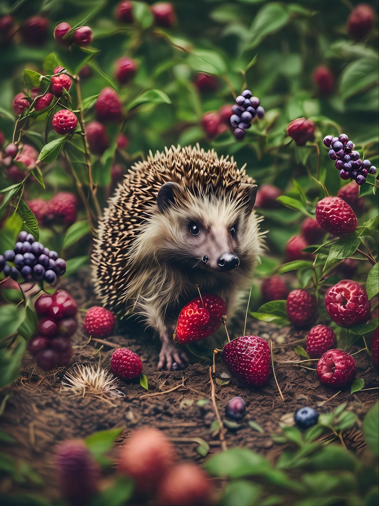 ((Anthropomorphic hedgehog plucking flowers and berries in the garden)), There are many flowers in the garden, Lightroom, Cinematic, HDR, Soggy, an intricate, hiquality, Calm tones, Complicated details, low contrast