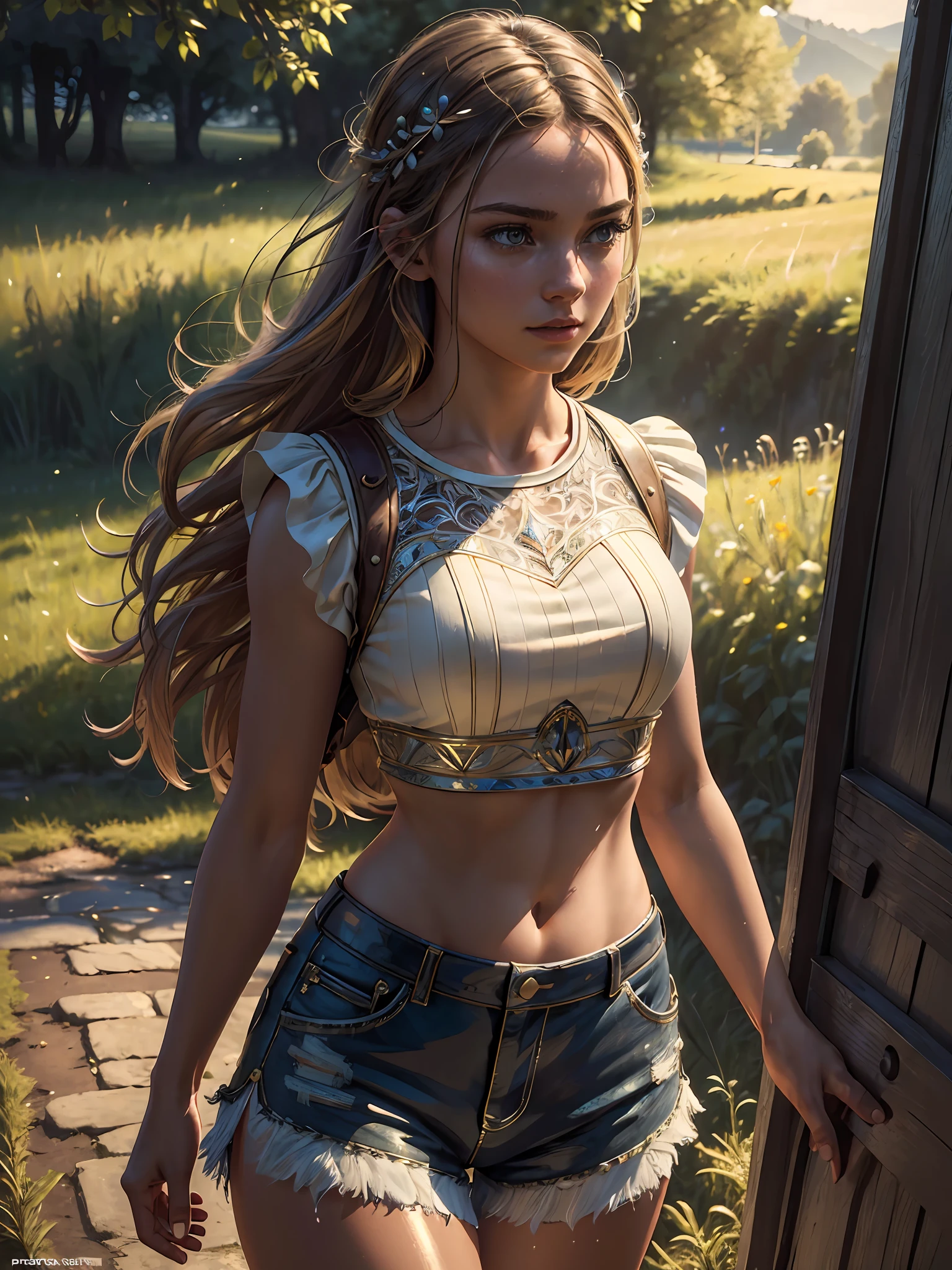 (masterpiece), (best quality), ((ultra-detailed)), (hyperrealistic), (highly detailed photo), cinematic lighting, photorealistic, extremely beautiful young lady in European countryside, intricate detailed crop top and shorts, shining, gloss, crisp, flirty, epic, focus, high contrast, artistic, very bright