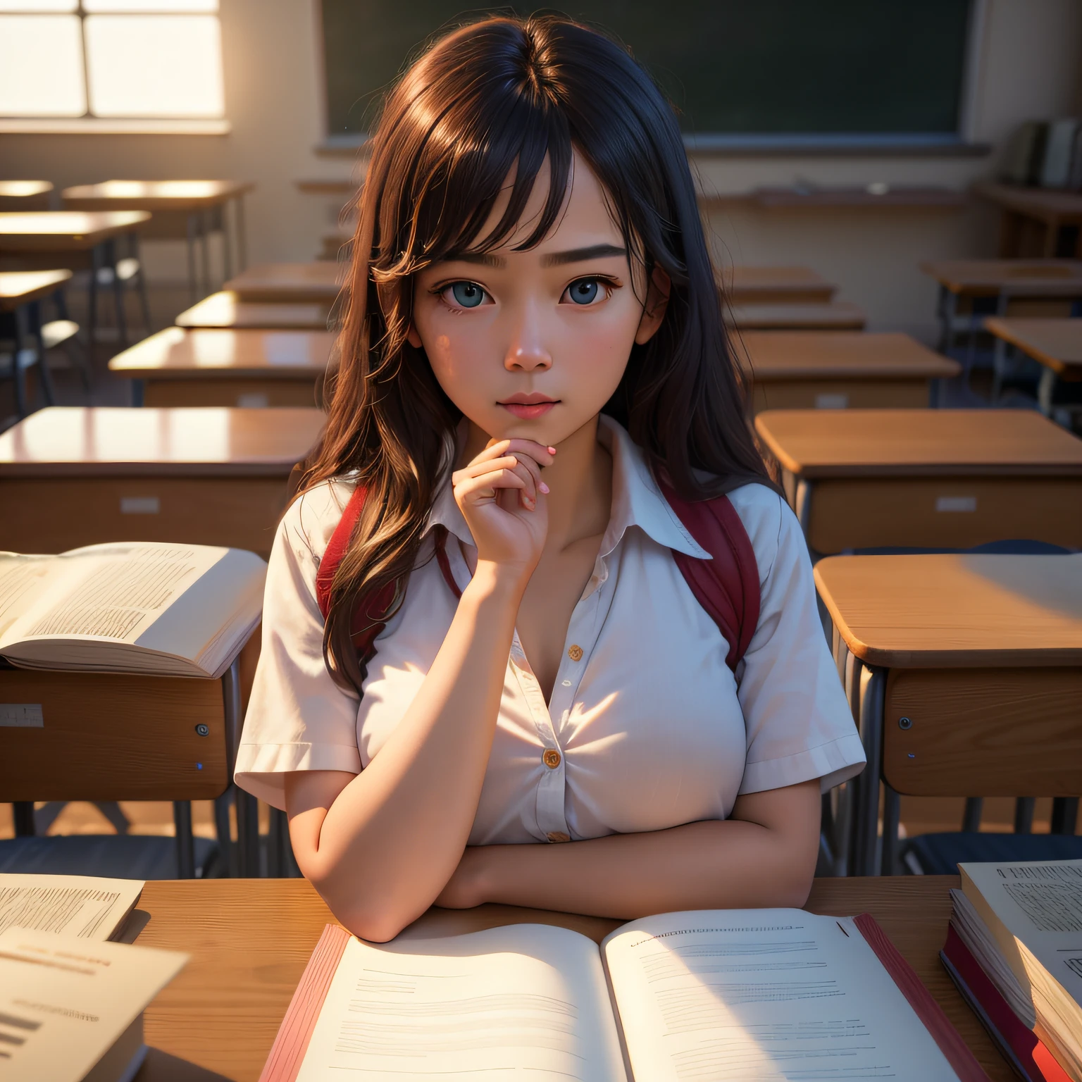 deliberate, masterpiece, best quality, highest quality, cinematic lighting, very beautiful, ultra realistic, 8k, super detail,classroom, multiple white students,teacher,books,homework,grades,upper body