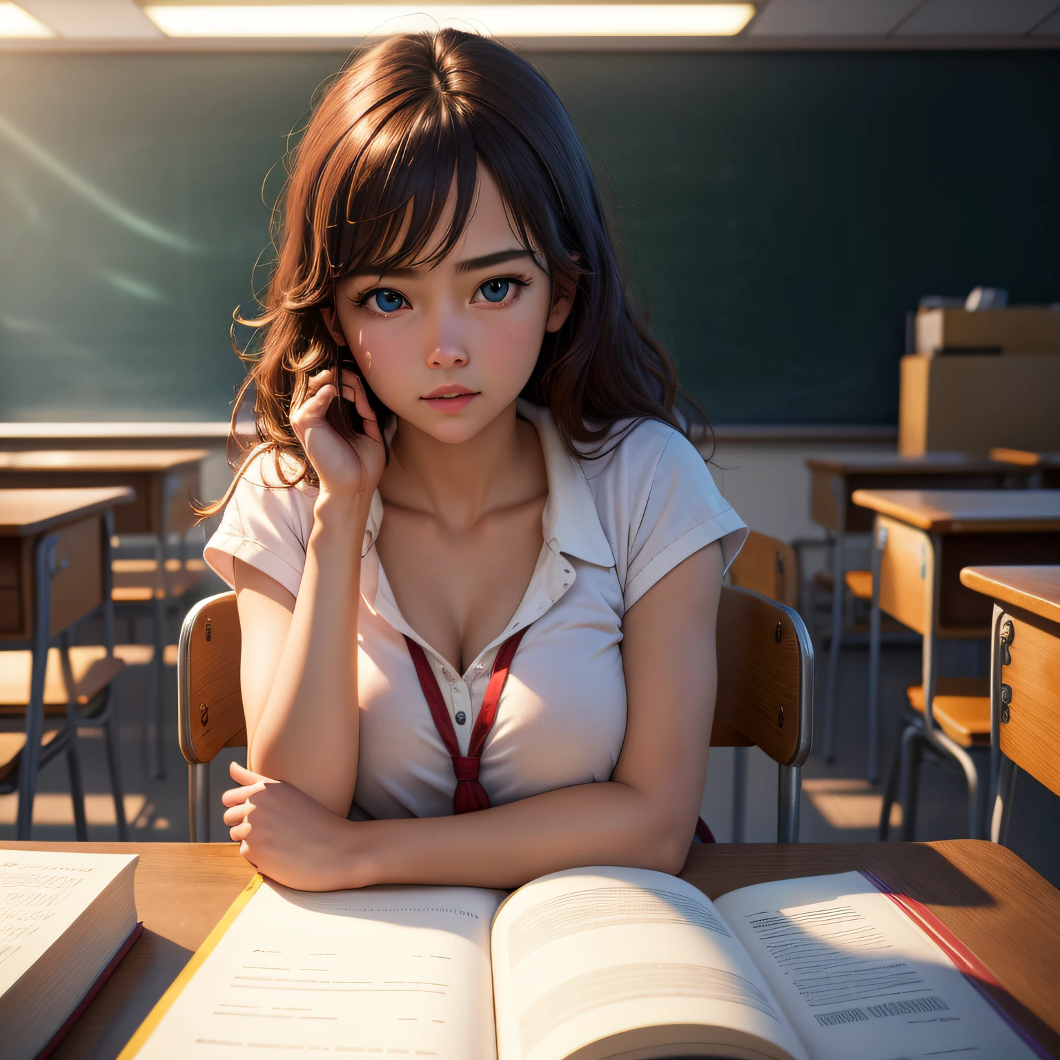 deliberate, masterpiece, best quality, highest quality, cinematic lighting, very beautiful, ultra realistic, 8k, super detail,classroom, multiple white students,teacher,books,homework,grades,upper body