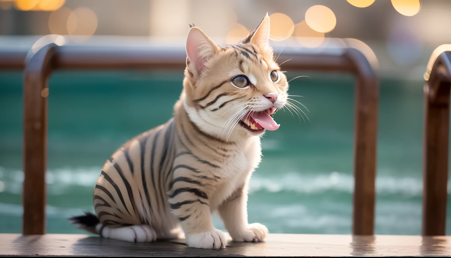 A Demu,With your mouth open,sitted,Have by the sea。Background bokeh