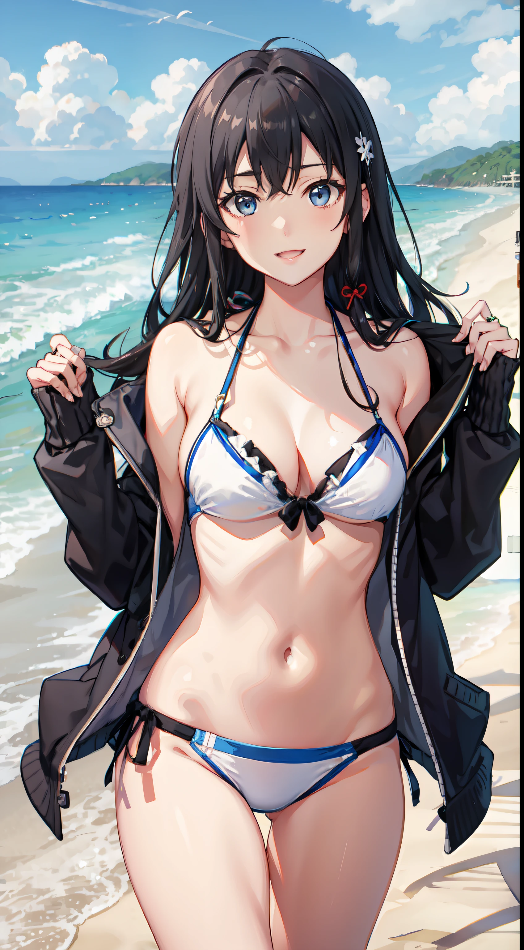 Yukino yukinoshita, long hair, cleavage, navel, slim legs, black hair, blue eyes, white side tie bikini, beach, cardigan, body, happy