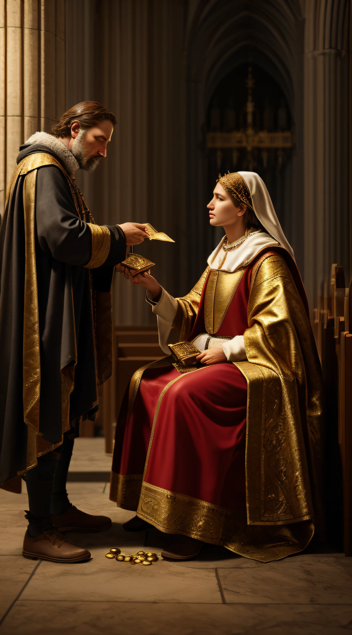 {A middle-aged Medieval citizen, dressed in worn-out clothes, carefully handing over a small pouch of gold coins to a church official, who is bedecked in rich ecclesiastical attire. The act signifies the historical practice of buying indulgences.}, Photograph, Renaissance Art, Art Station, 35mm, Medium Shot, (4K:1.25), (Golden ratio:1.1), (Studio lighting:1.15), (hyperrealistic 3d render:1.16)