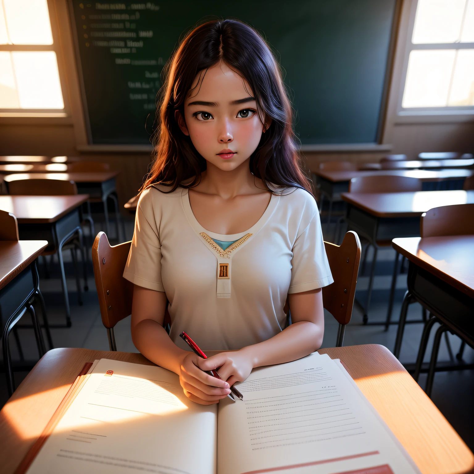 deliberate, masterpiece, best quality, highest quality, cinematic lighting, very beautiful, ultra realistic, 8k, super detail,classroom, multiple white students,teacher,books,homework,grades,upper body