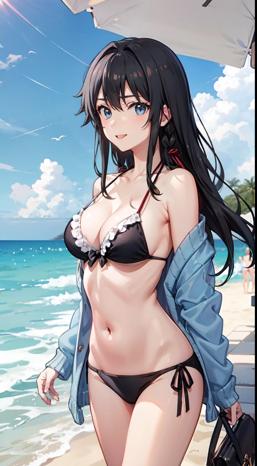 Yukino yukinoshita, long hair, cleavage, navel, slim legs, black hair, blue eyes,  white side tie bikini, beach, cardigan, teen body, happy