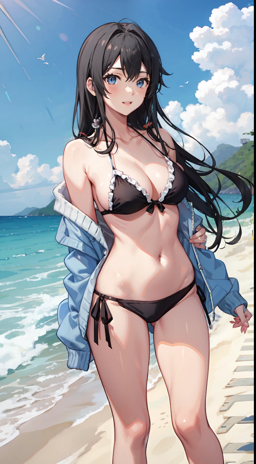 Yukino yukinoshita, long hair, cleavage, navel, slim legs, black hair, blue eyes, white side tie bikini, beach, cardigan, body, happy