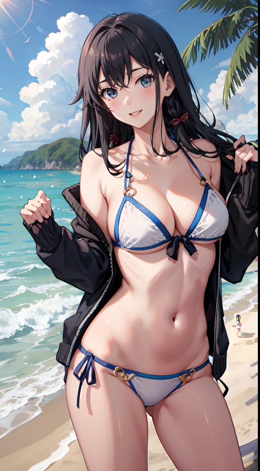 Yukino yukinoshita, long hair, cleavage, navel, slim legs, black hair, blue eyes, white side tie bikini, beach, cardigan, body, happy