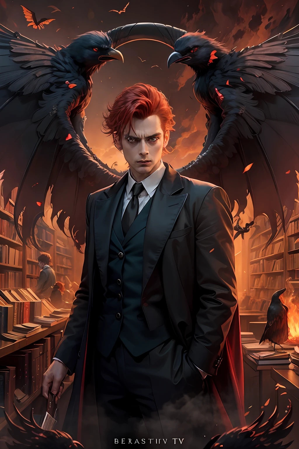 Crowley, good omens Crowley TV show, red hair, David Tennant, neil gaiman, beautiful face, very beautiful face, gorgeous, 4k, 2D, Demon, crow wings, books, bookshop, hell, highly detailed, extremely detailed