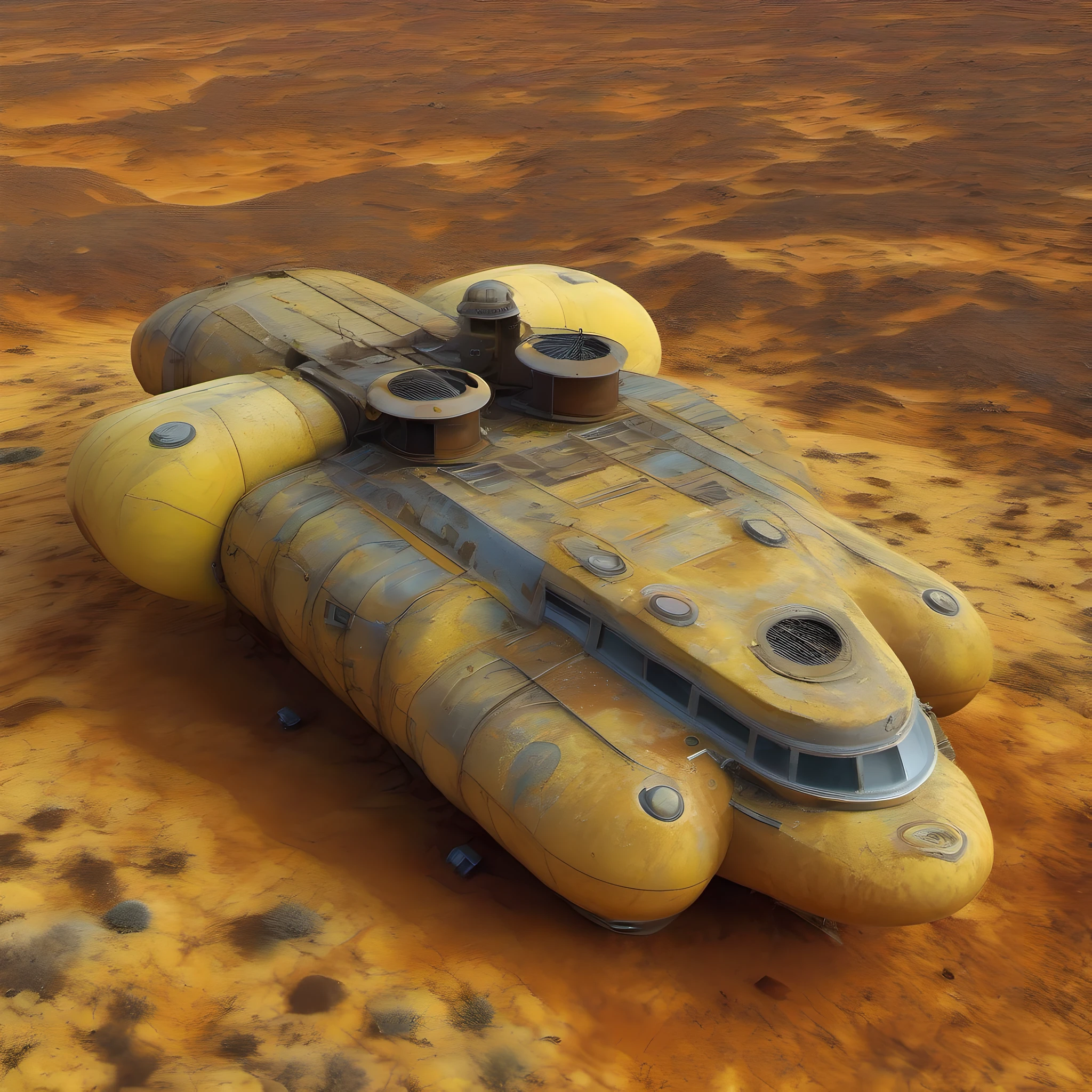 Old abandoned extraterrestrial spacecraft, half buried in the yellowish sand inside a Mars crater, rust, lichen, rust, lichen, style of John Schoenherr