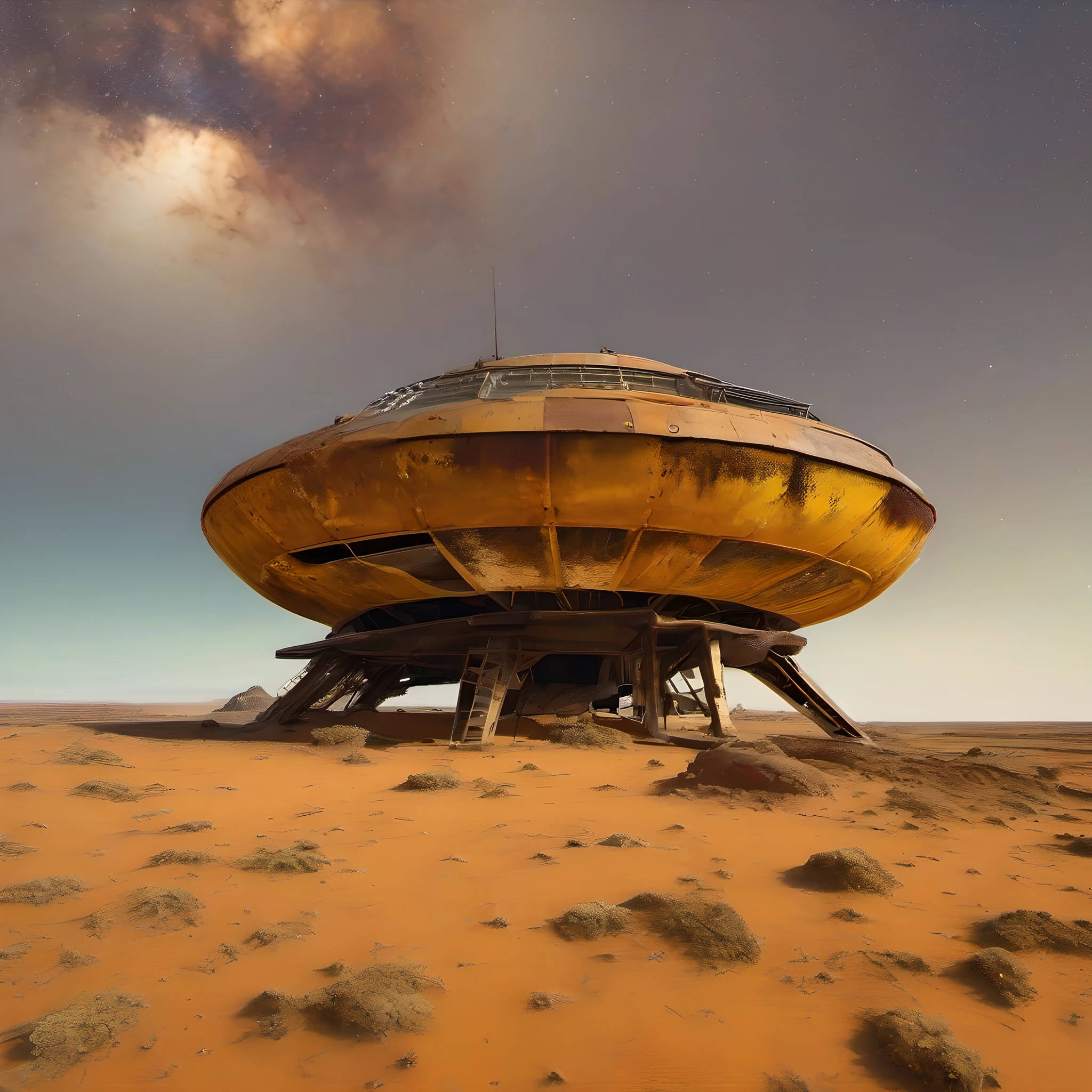 Old abandoned extraterrestrial spacecraft, half buried in the yellowish sand inside a Mars crater, rust, lichen, rust, lichen, style of John Schoenherr