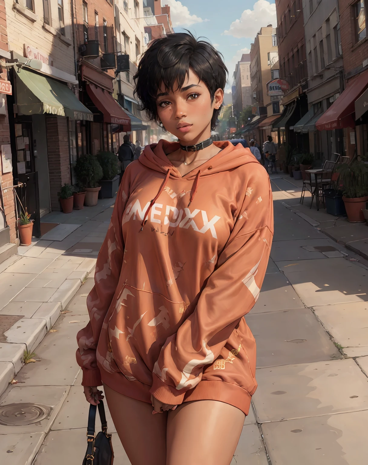 (sexy red oversized_hoodie:1.3) BREAK
[1boy:1girl:0.3], tomboy, solo, very short black hair, pixie cut, brown skin, african american female, (muscular:0.9), (large breasts:1), (medium breasts: 0.25), full-face blush, choker, BREAK
new york city sidewalk, dramatic lighting, absurdres, best quality, clouds, golden hour, sunlight