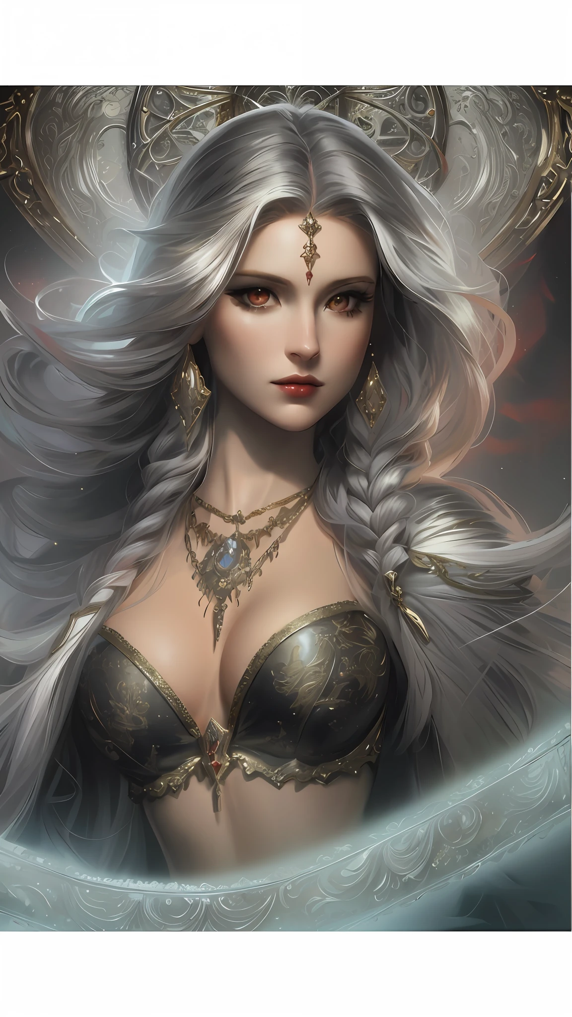 masterpiece, best quality, 8k, high resolution, 2D Digital art style, 1girl, solo, perfect composition, the rule of thirds, detailed modern styled victorian dress, cleavage, original character artwork, solo focus, (vampire Princess), queen mentality, extremely long voluminous white hair, thin waist, wide hips, beautiful red detailed eyes, Rococo style room background, roses and cherries, light particles, red,gold tetradic colors, volumetric lighting, dramatic lighting, indoors, (white, gold, red gradient:1.5), realistic, ultra-detailed, volumetric lighting, intricate details