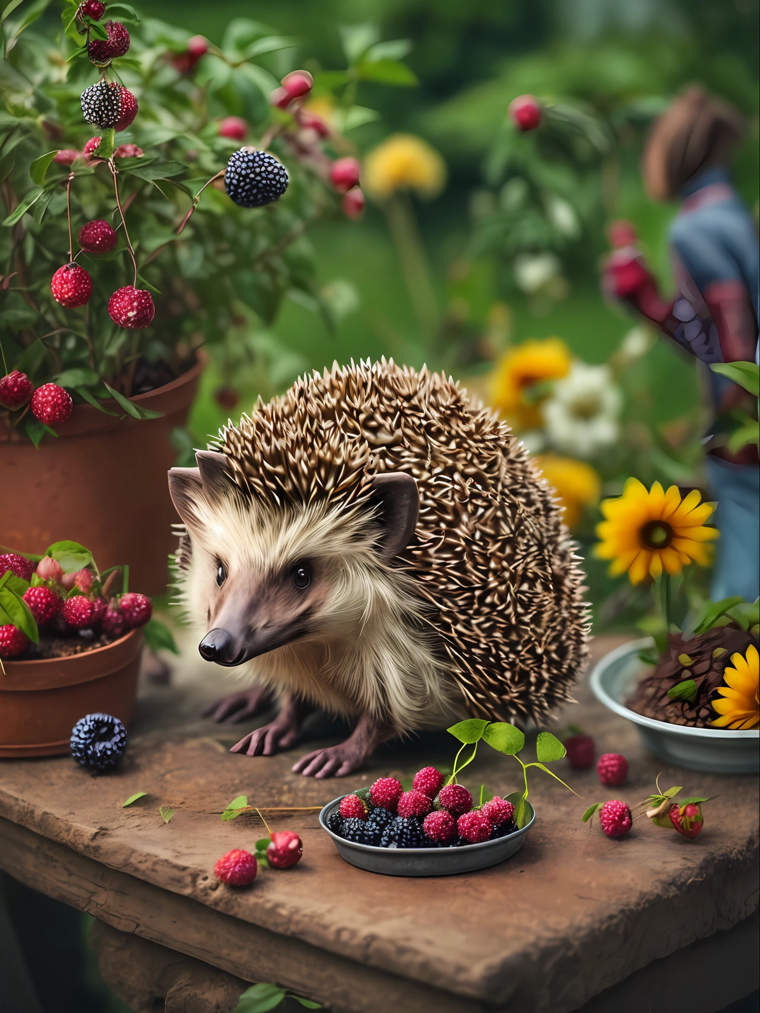 ((Anthropomorphic hedgehog in a gardener's costume picks berries and flowers in the garden)), On the table is a delicious cake and a bouquet of flowers, Lightroom, Cinematic, HDR, Soggy, an intricate, hiquality, Calm tones, Complicated details, low contrast